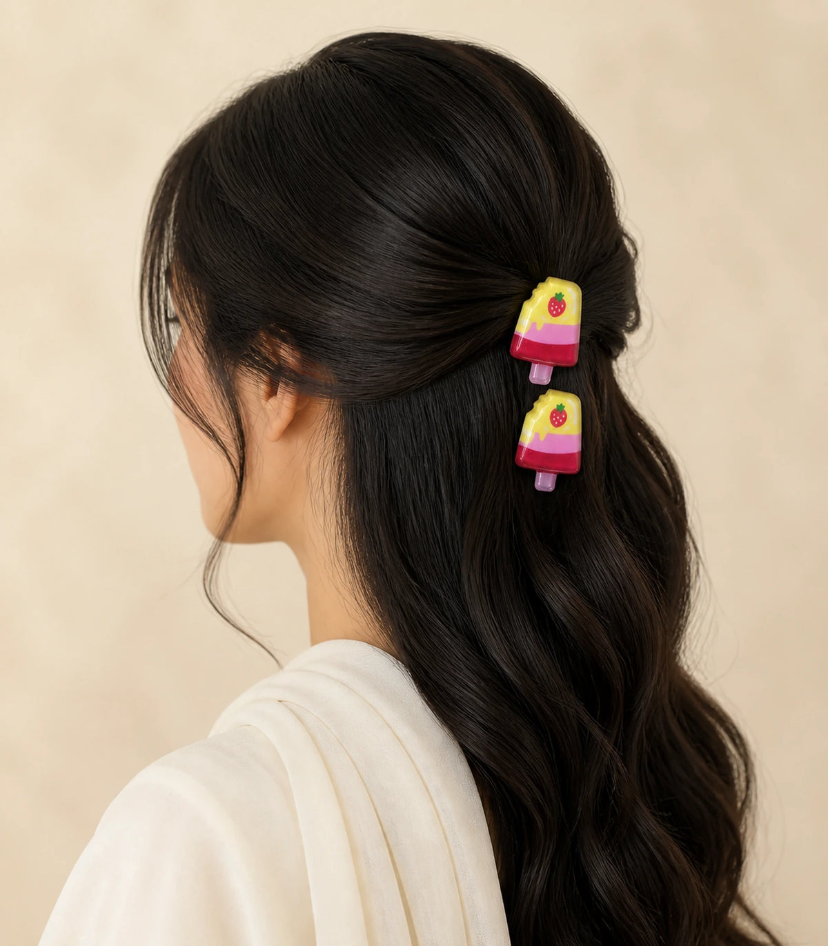 Editorial model view of the Layered Strawberry Popsicle Clip Pair