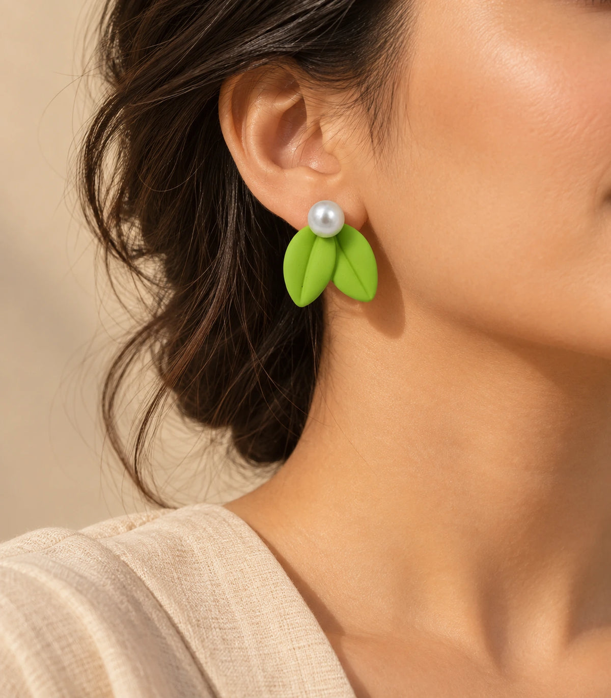JIMIKI Double Leaf Pearl Stud Earrings in Lime Green — earrings styled with an outfit #color_lime green