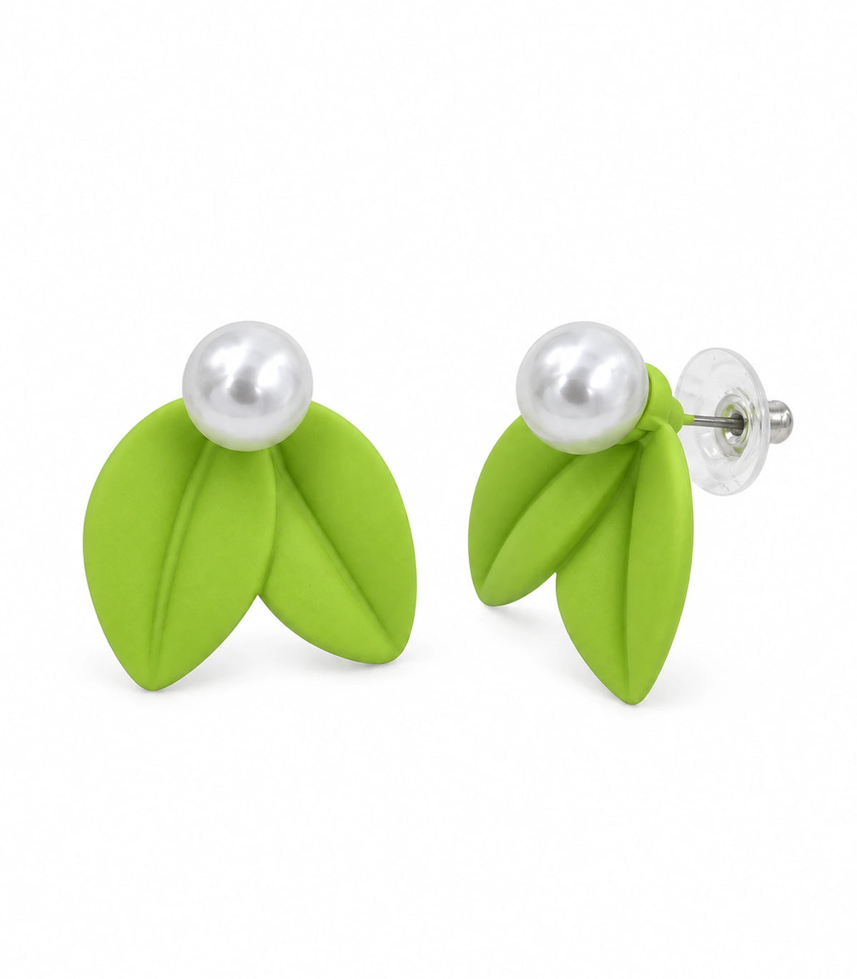 JIMIKI Double Leaf Pearl Stud Earrings in Lime Green — pair on white background #color_lime green