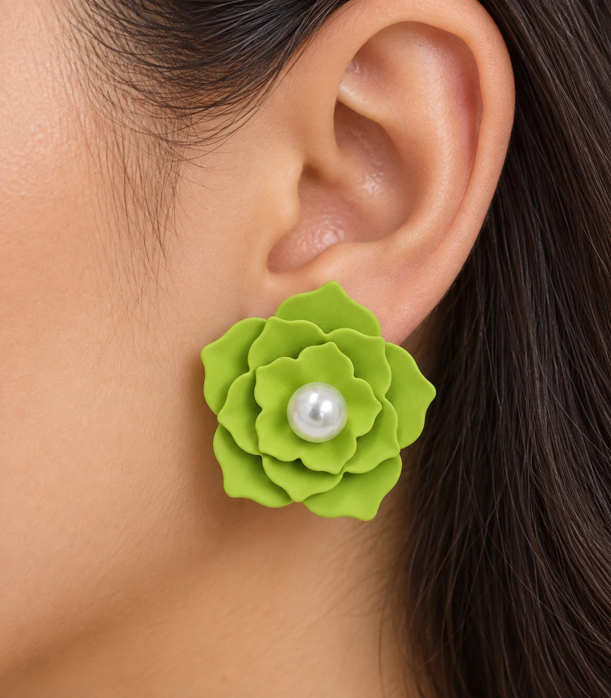 JIMIKI Layered Flower Pearl Stud Earrings, Lime Green — worn close-up showing petal detail #color_lime green