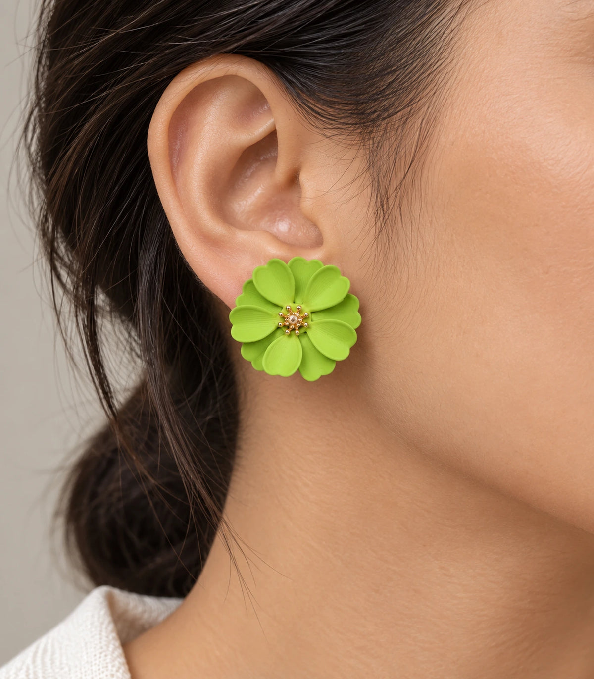 JIMIKI Lime Layered Daisy Stud Earrings - earring worn on model #color_lime
