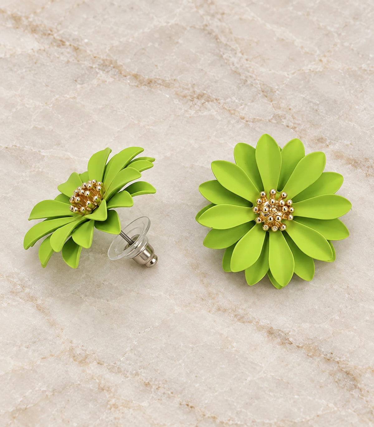 JIMIKI Lime layered starburst daisy stud earrings, matching pair in a styled flat lay #color_lime