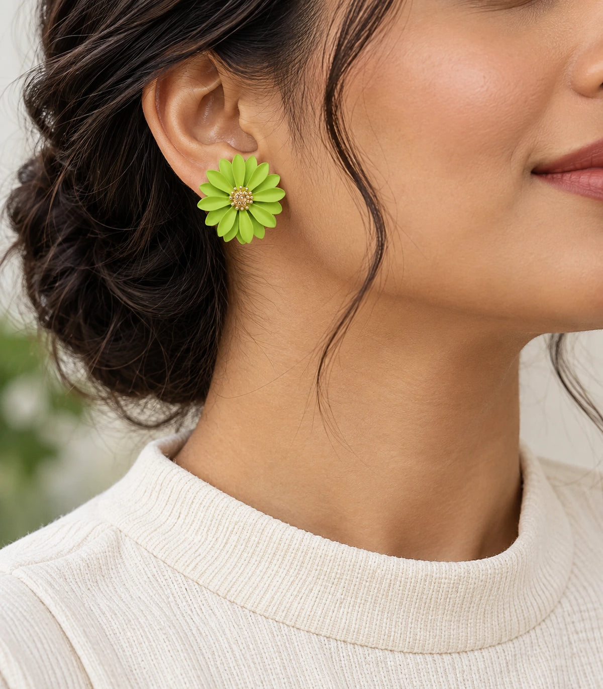 JIMIKI Lime layered starburst daisy stud earrings, editorial portrait of the daisy stud worn at the ear #color_lime