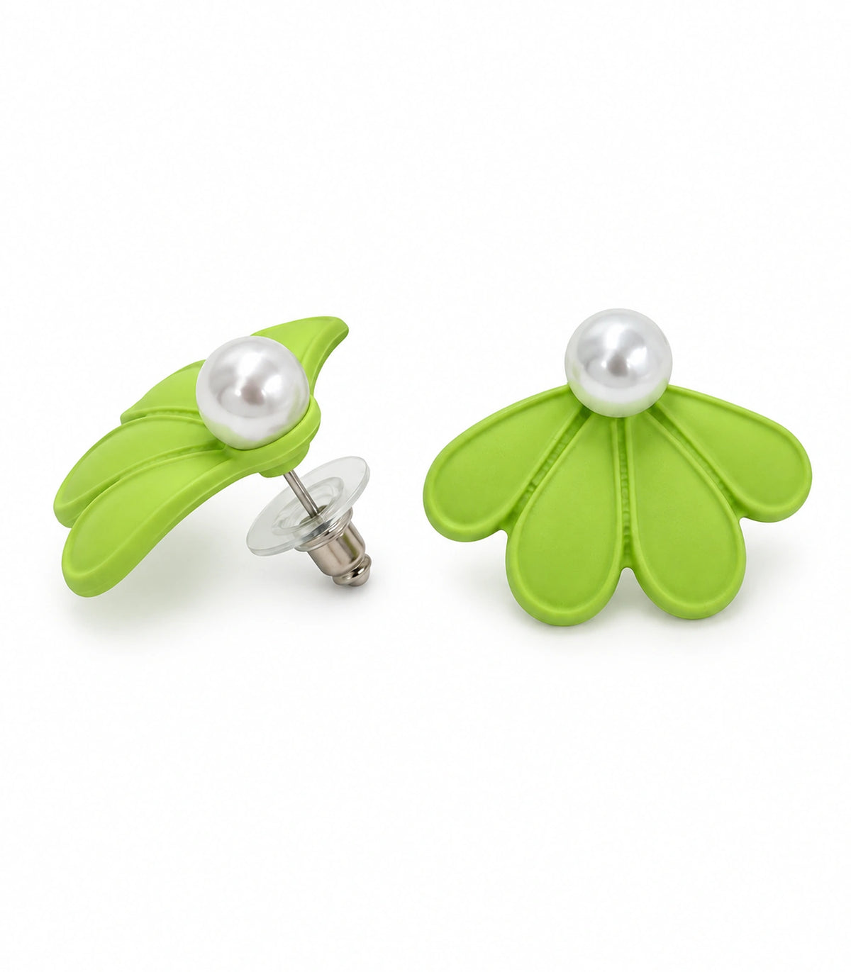 JIMIKI Lime pearl fan petal stud earrings, pair on a white background #color_lime
