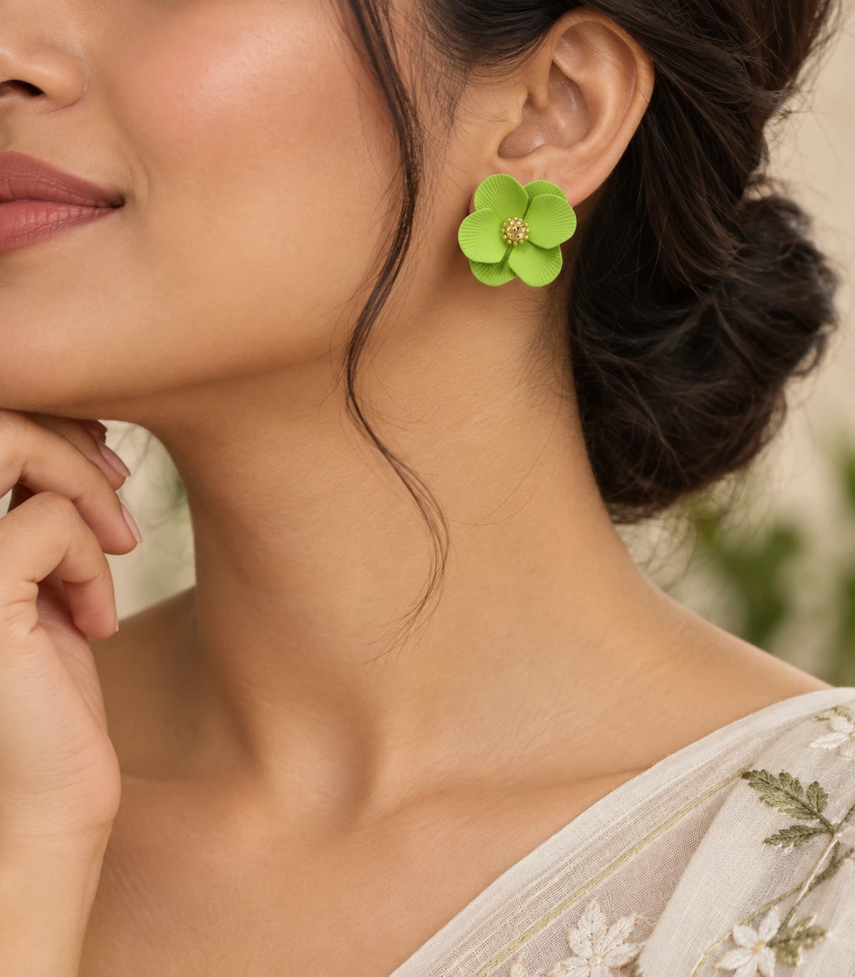 JIMIKI Lime ribbed flower stud earrings, styled worn editorial view #color_lime