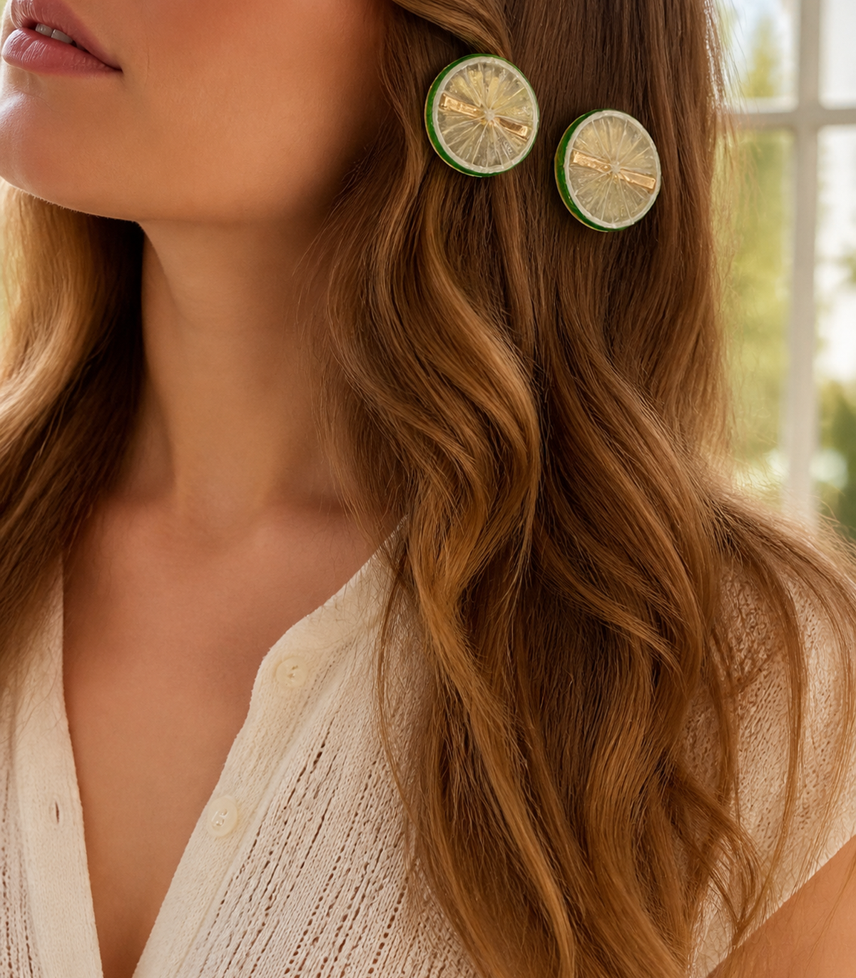 JIMIKI Translucent Lime Slice Barrette Pair in Clear / Green, editorial hairstyle view