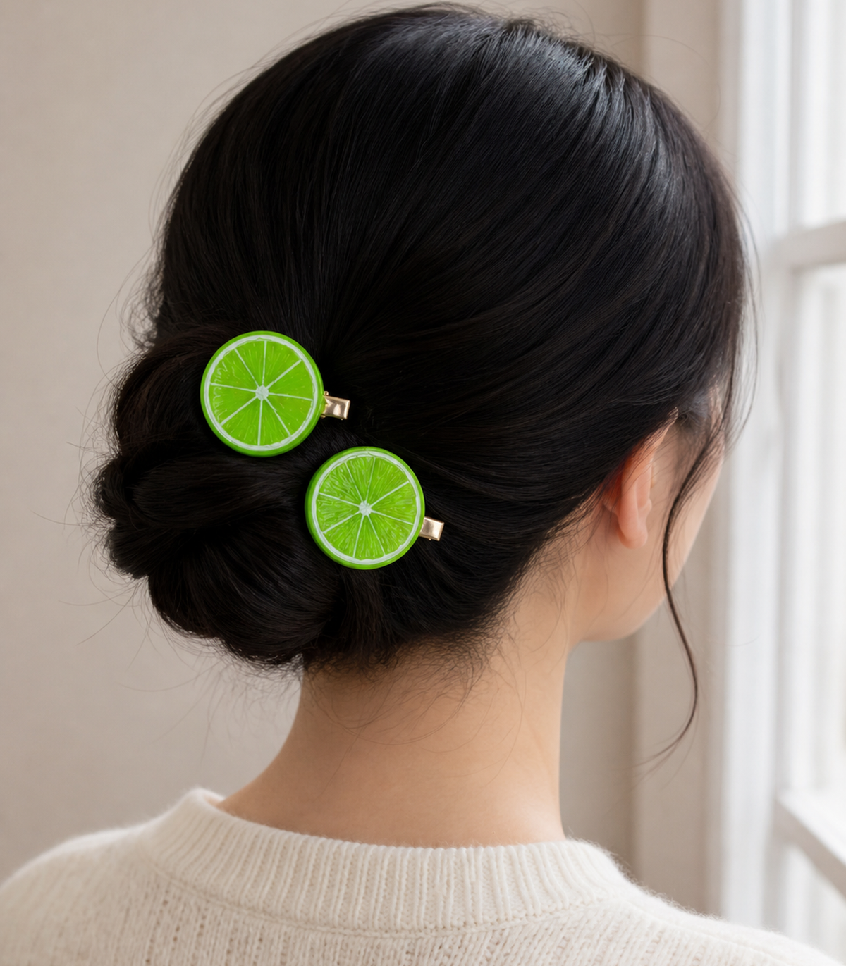 JIMIKI Bright Green Lime Slice Barrette Pair in Lime Green, editorial hairstyle view