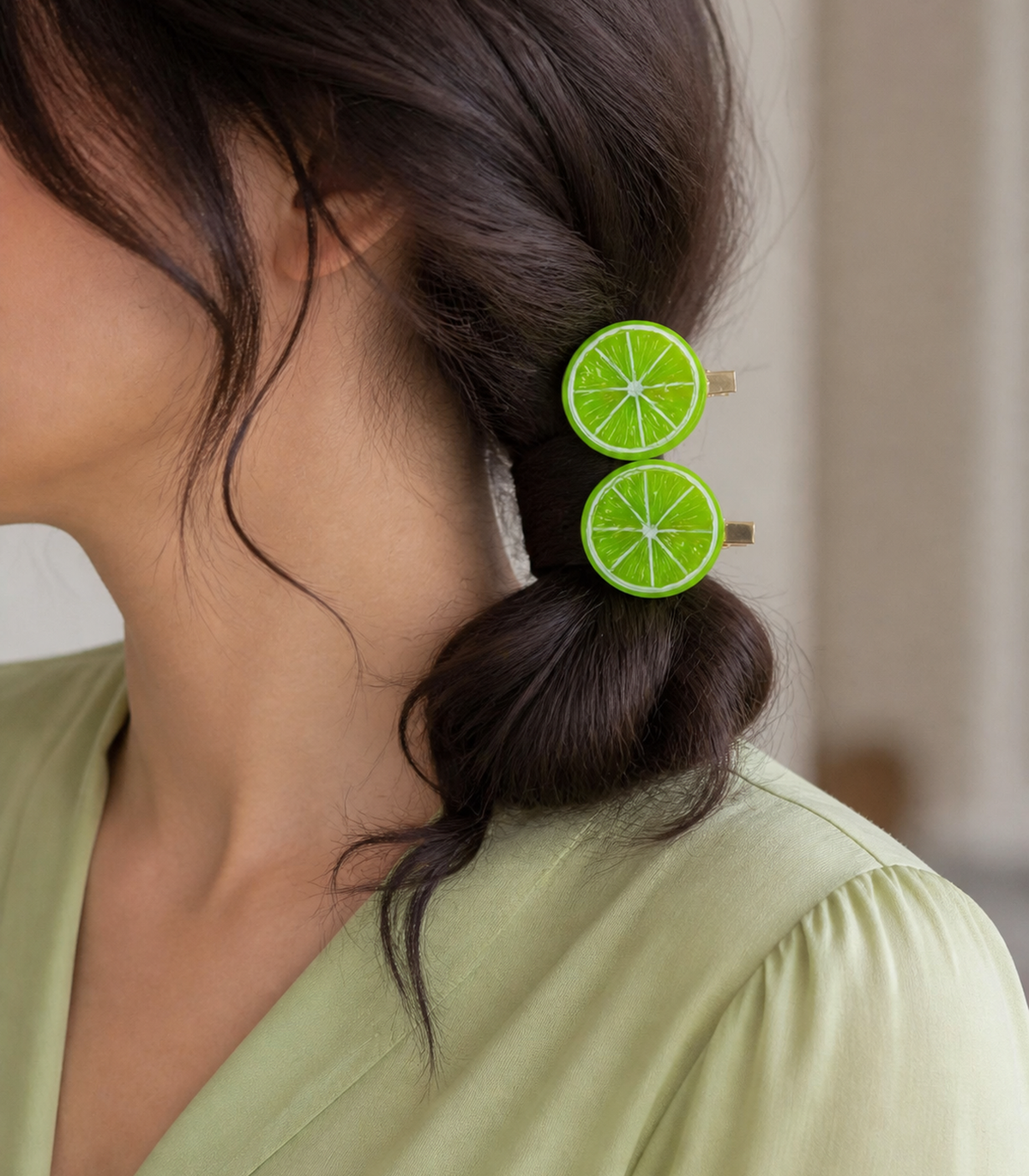 JIMIKI Bright Green Lime Slice Barrette Pair in Lime Green, worn hairstyle view