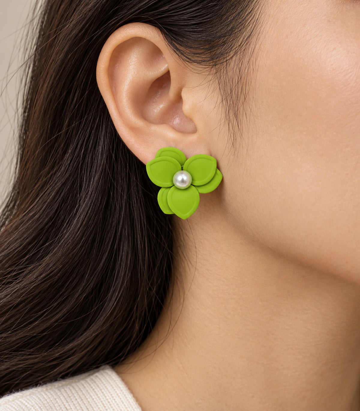 JIMIKI Lime Triple Petal Pearl Flower Stud Earrings - earring worn on model #color_lime