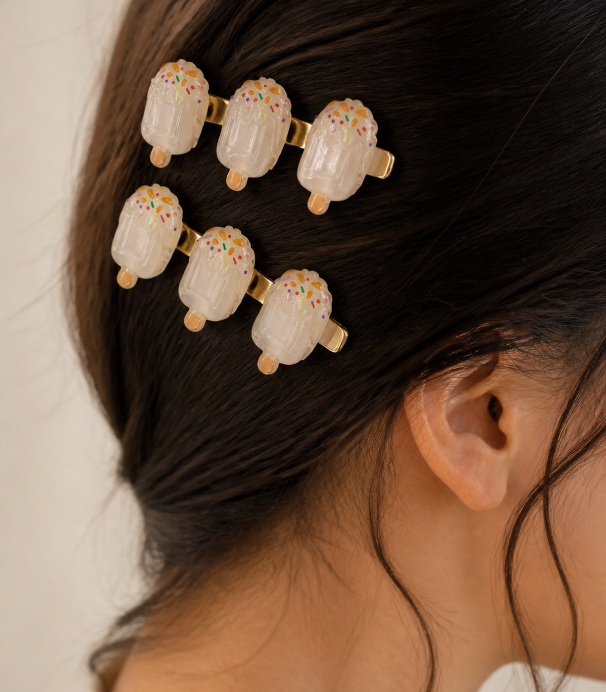 Milky Sprinkle Iced Pop Trio Clip Pair in close-up detail