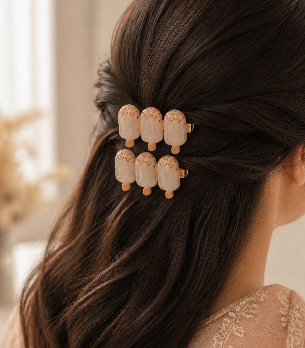 Milky Sprinkle Iced Pop Trio Clip Pair in a styled editorial view