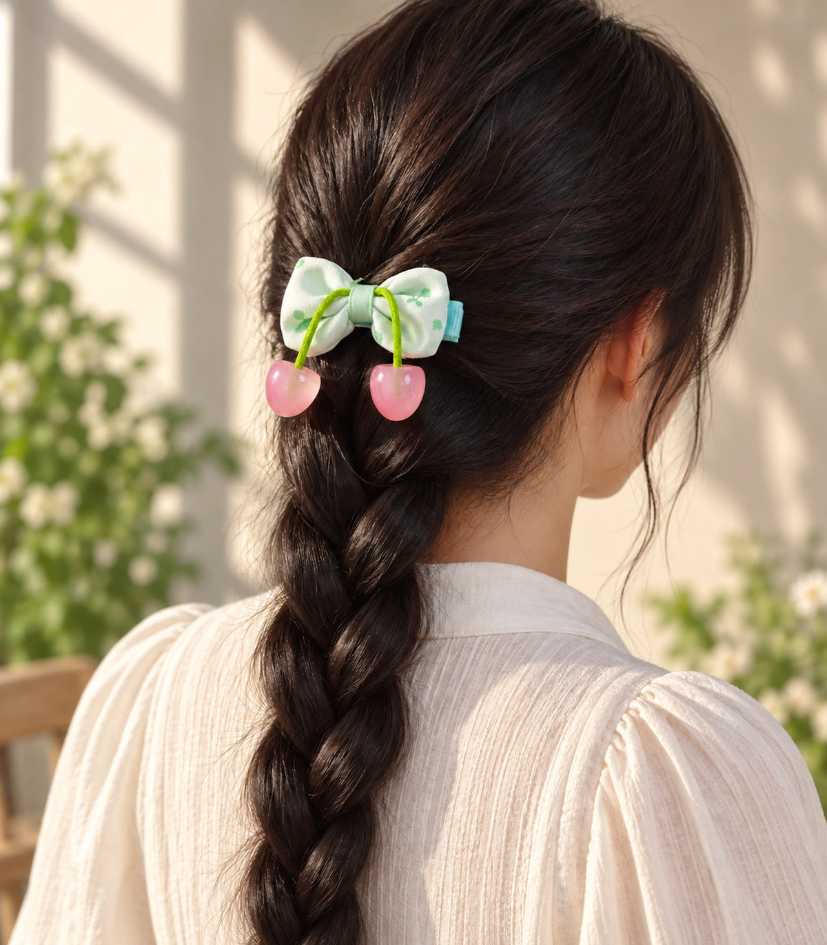 JIMIKI Cherry Print Bow Hair Clip With Cherry Charms in Mint, editorial model view #color_mint