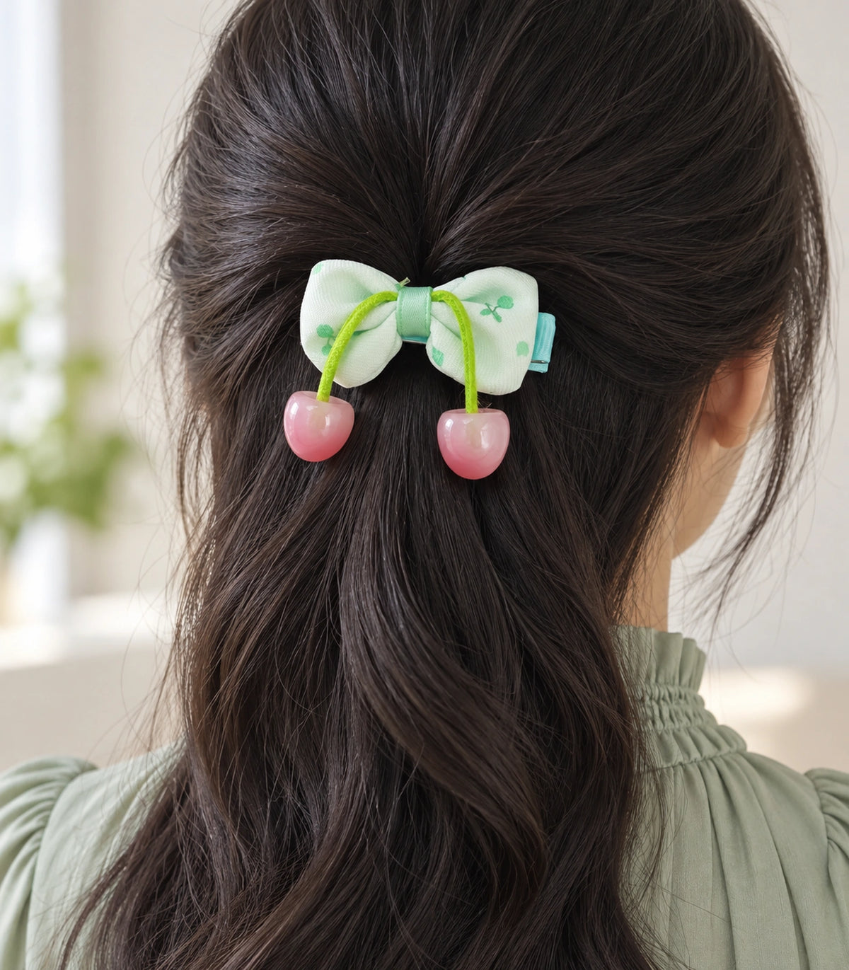 JIMIKI Cherry Print Bow Hair Clip With Cherry Charms in Mint, model wearing view #color_mint
