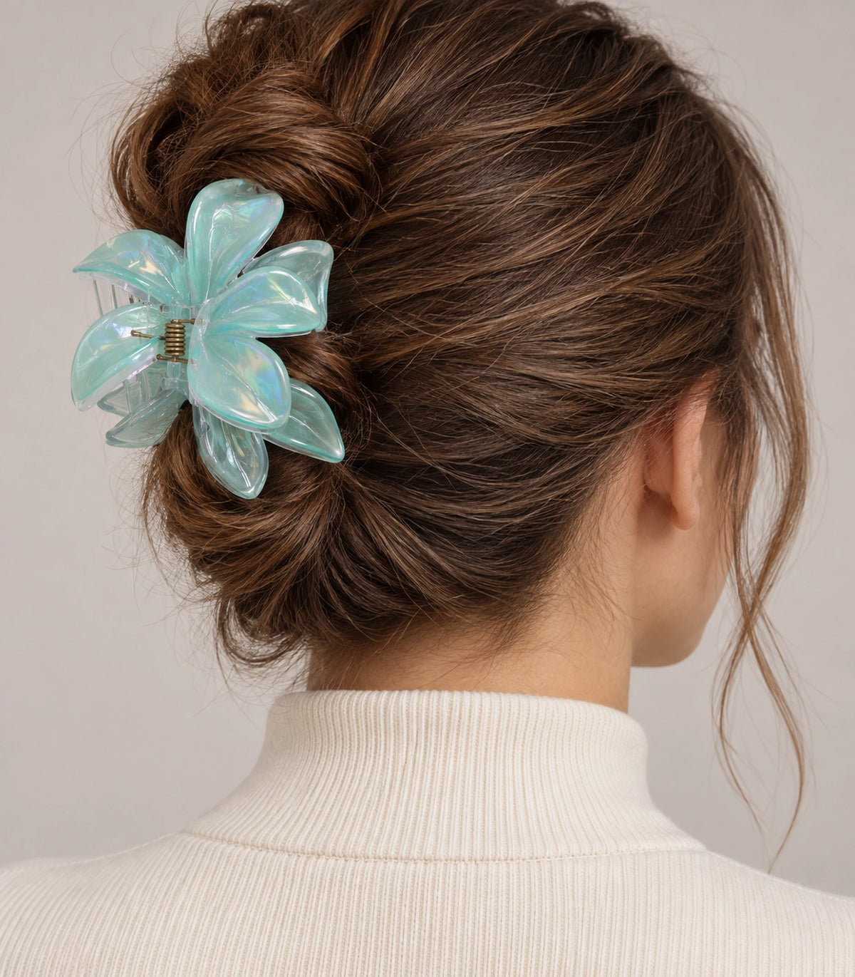 JIMIKI Iridescent Five Petal Flower Hair Claw Clips in Mint, model wearing view #color_mint
