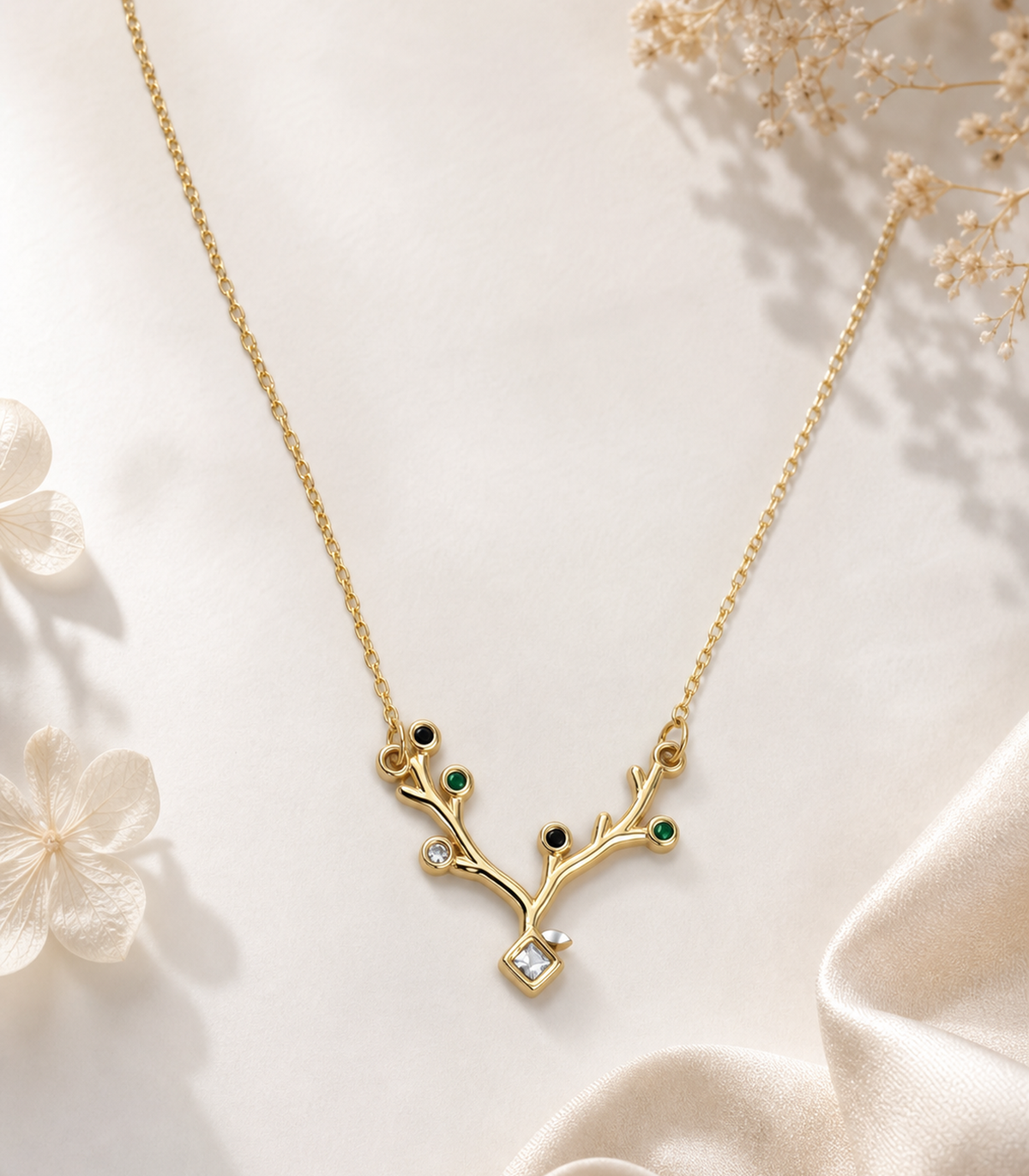 Multicolor Branch Crystal Necklace in an editorial flat lay