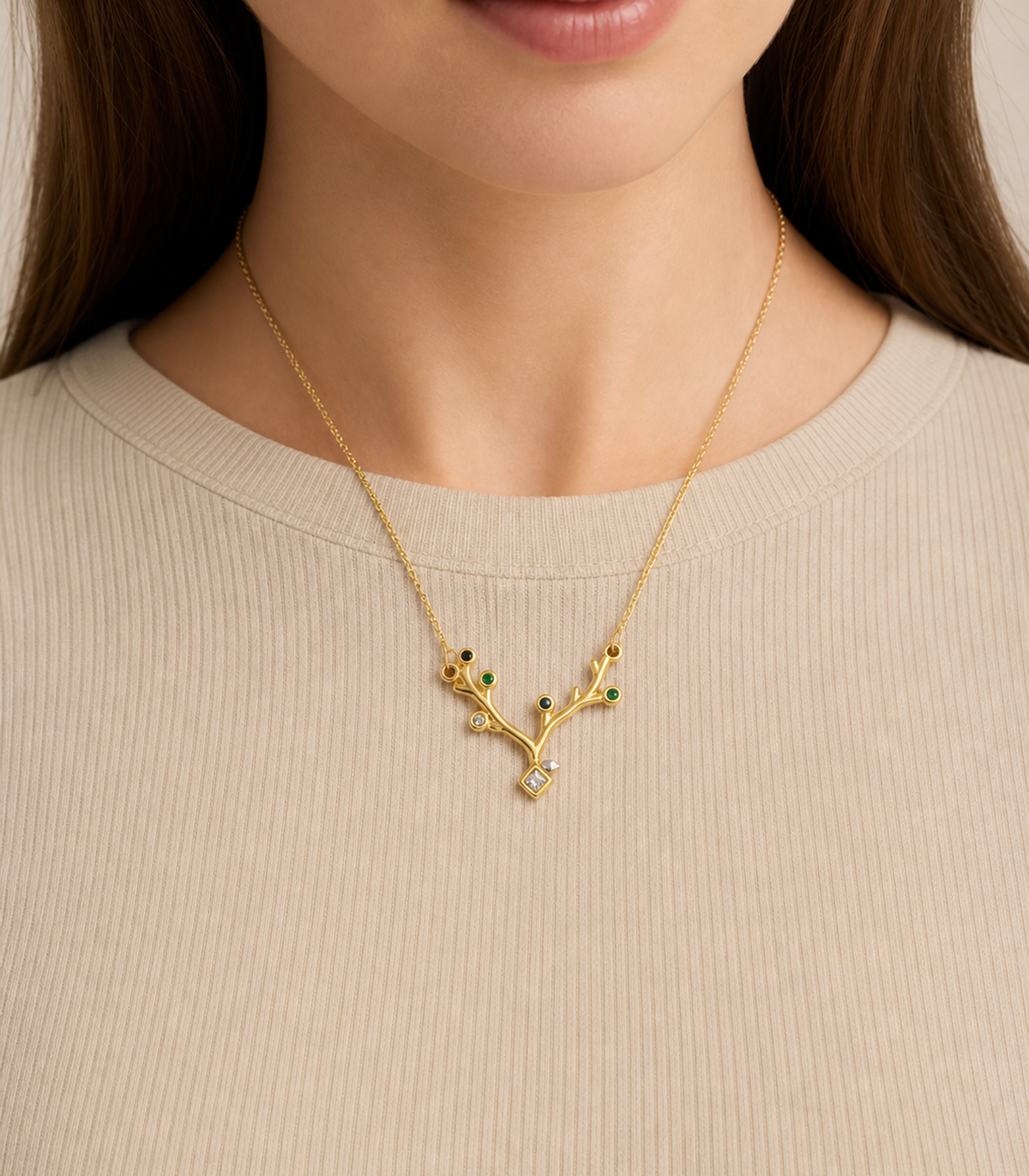Multicolor Branch Crystal Necklace worn by model