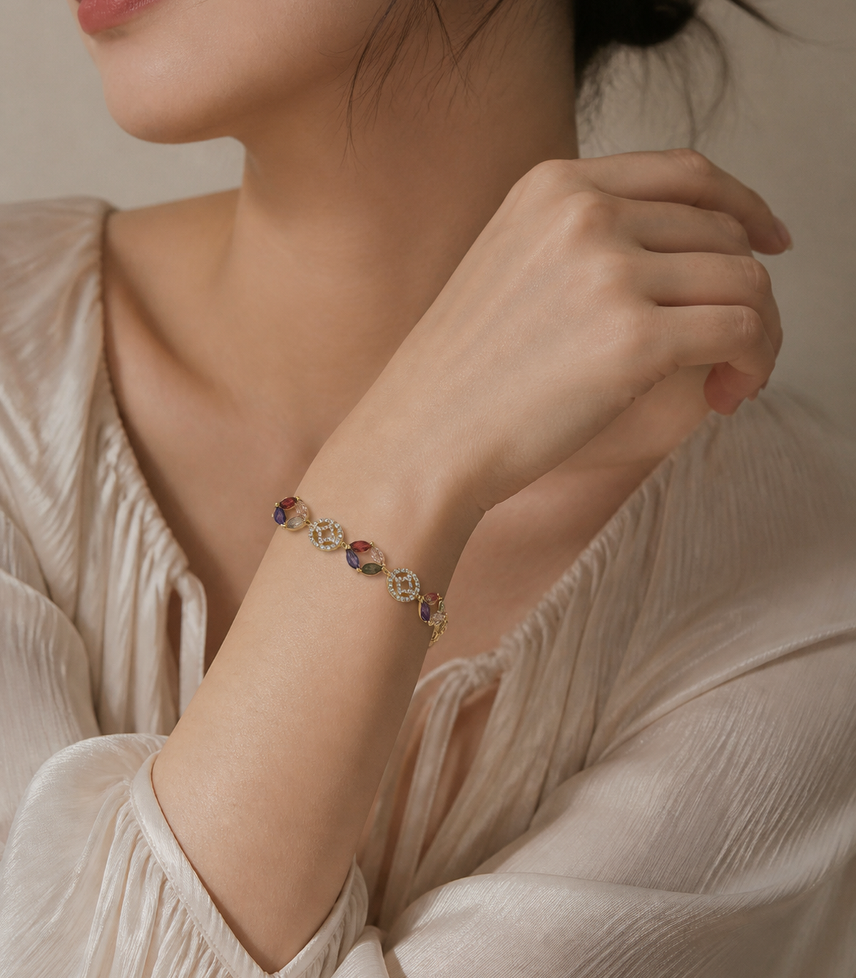 Close-up of Multicolor Marquise Medallion Link Bracelet