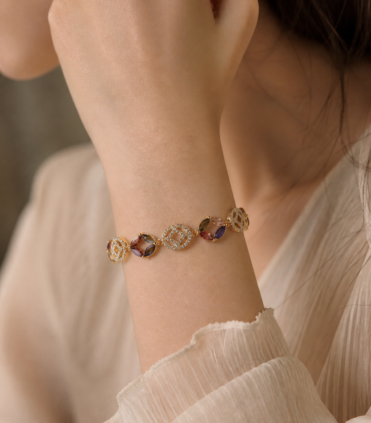 Multicolor Marquise Medallion Link Bracelet styled on a model