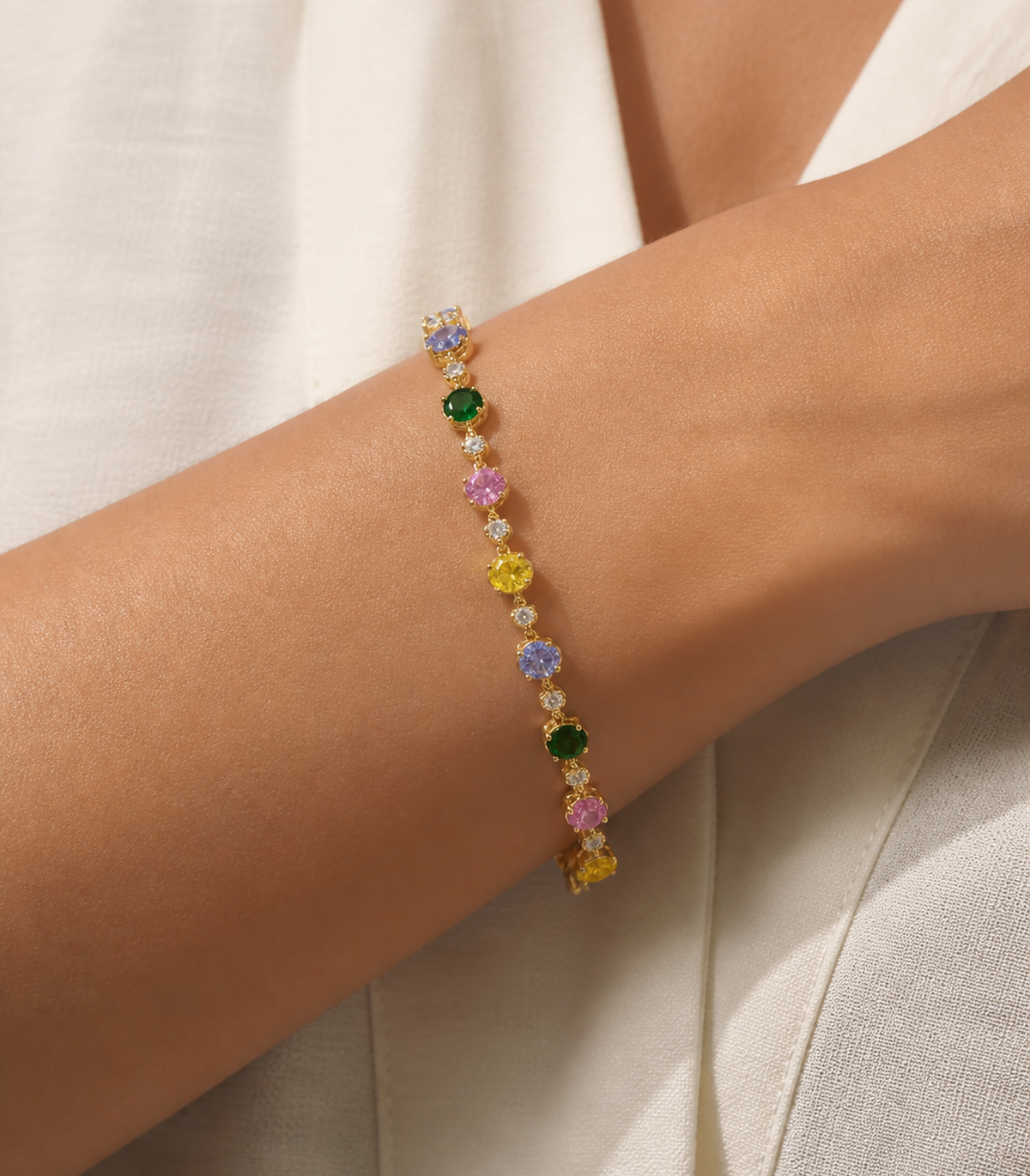 Multicolor Round Crystal Link Bracelet worn by model