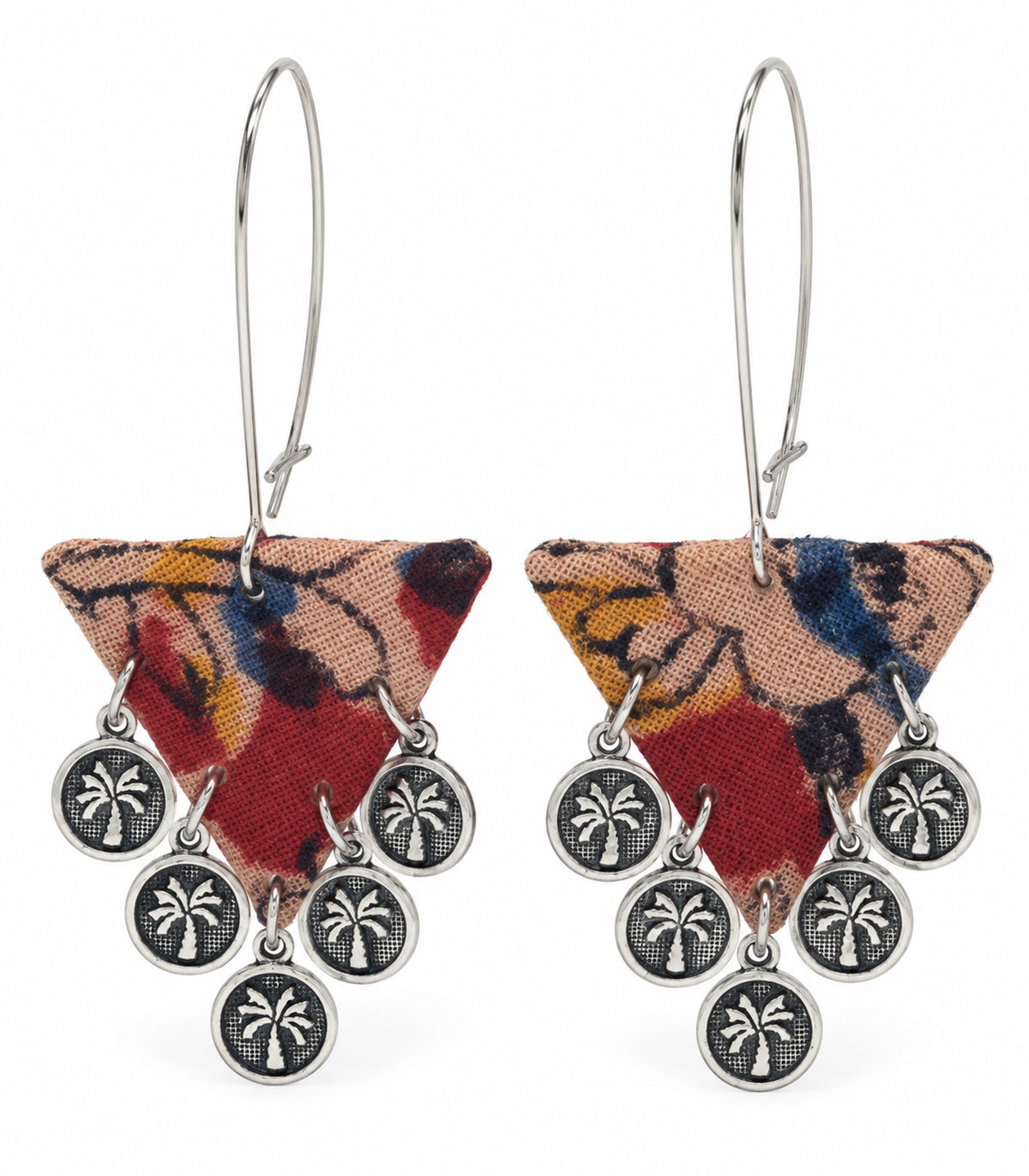 Pair of multicolour triangle fabric coin earrings on a white background