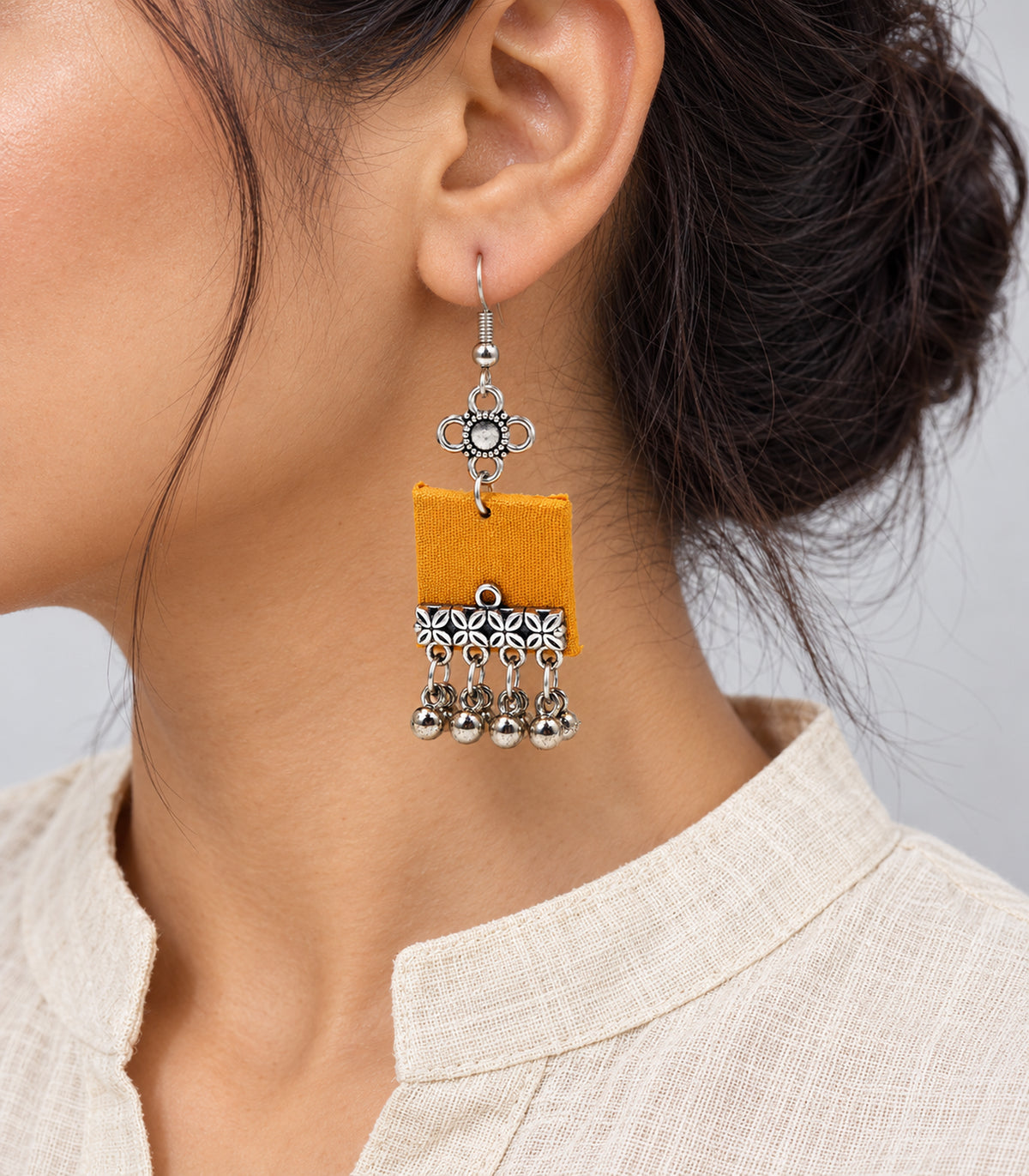 Mustard Square Fabric Ghungroo Earrings – closeup