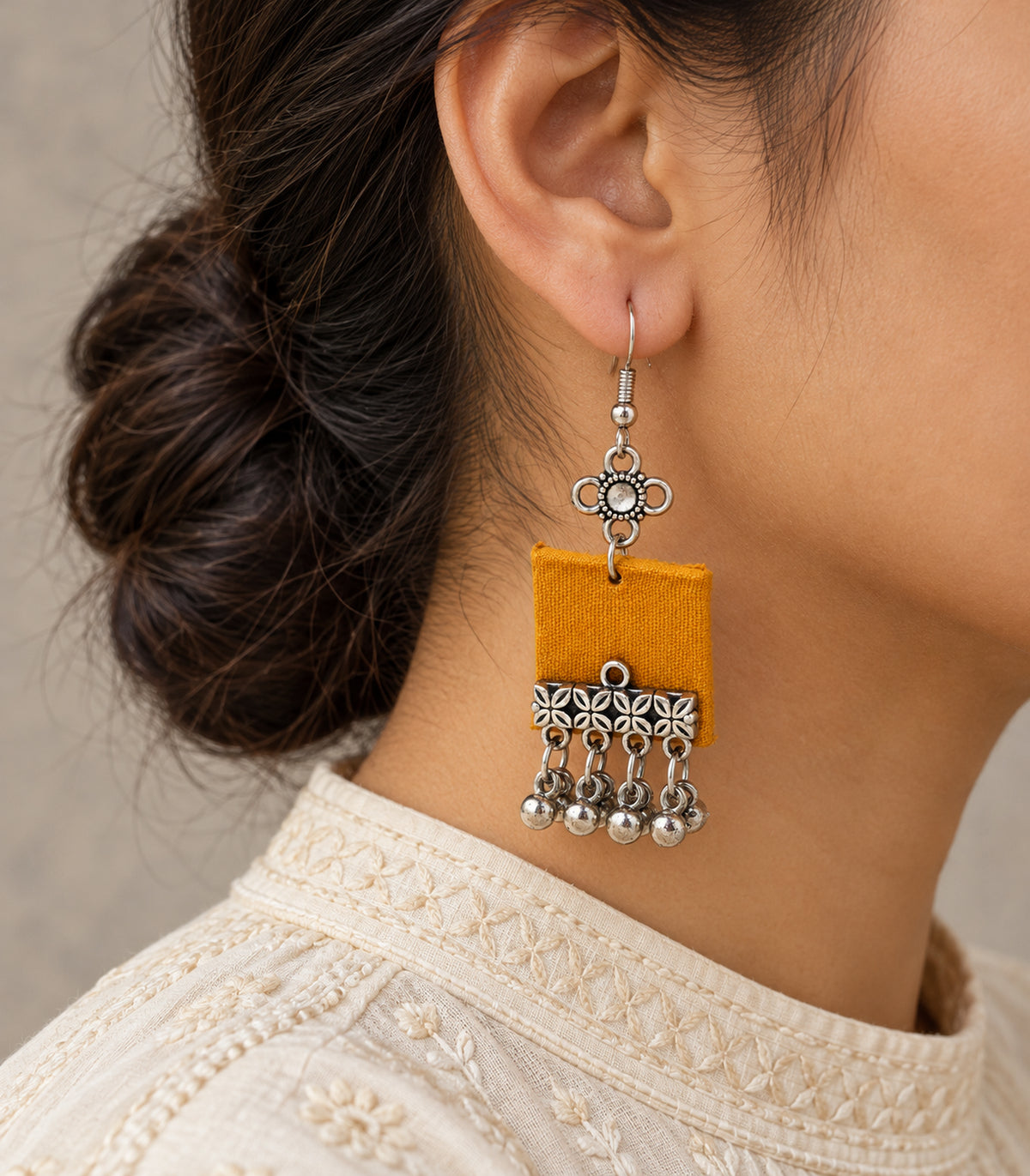 Mustard Square Fabric Ghungroo Earrings – editorial model