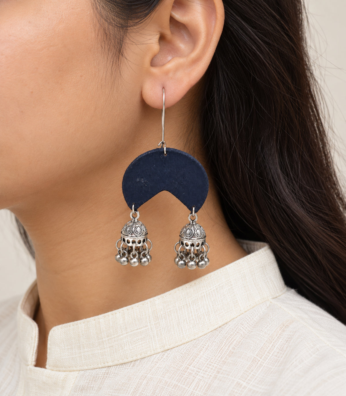 Navy crescent fabric double jhumka earrings – closeup