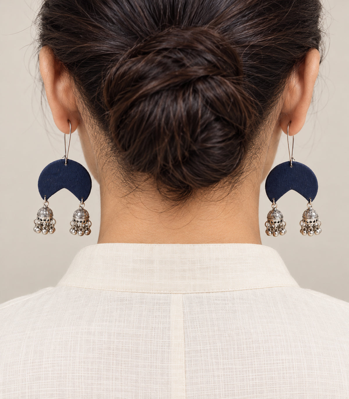 Navy crescent fabric double jhumka earrings – model