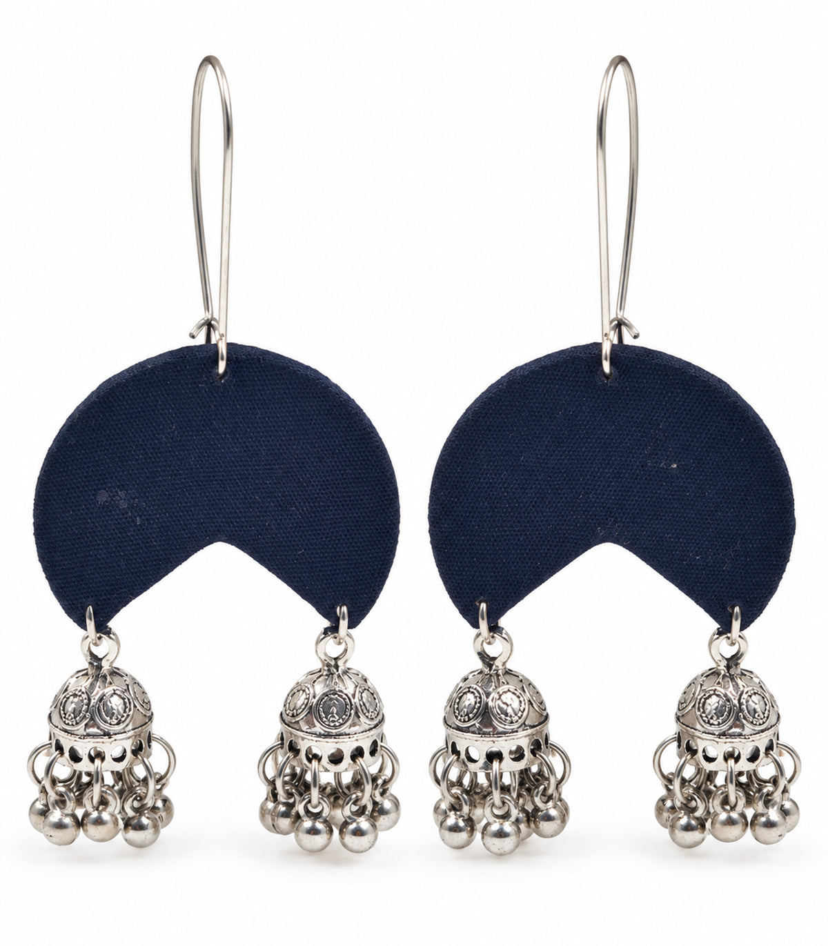 Navy crescent fabric double jhumka earrings – white background
