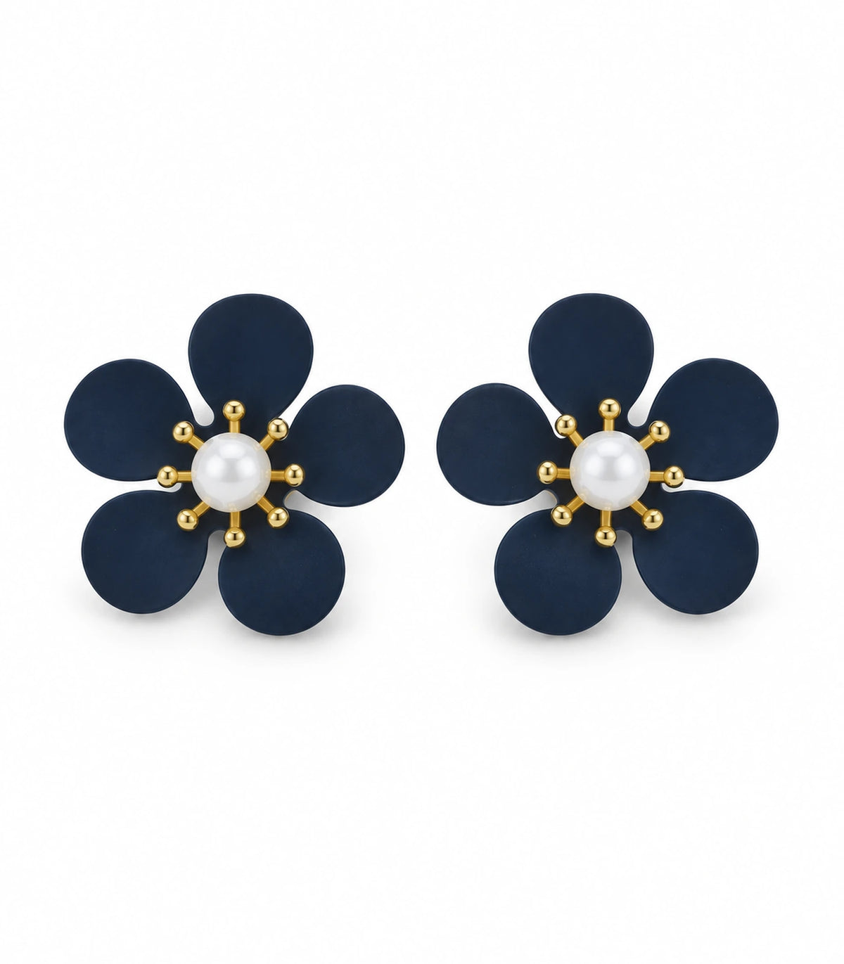 JIMIKI navy five-petal flower stud earrings with pearl-effect centre, matching flower stud pair on white #color_navy