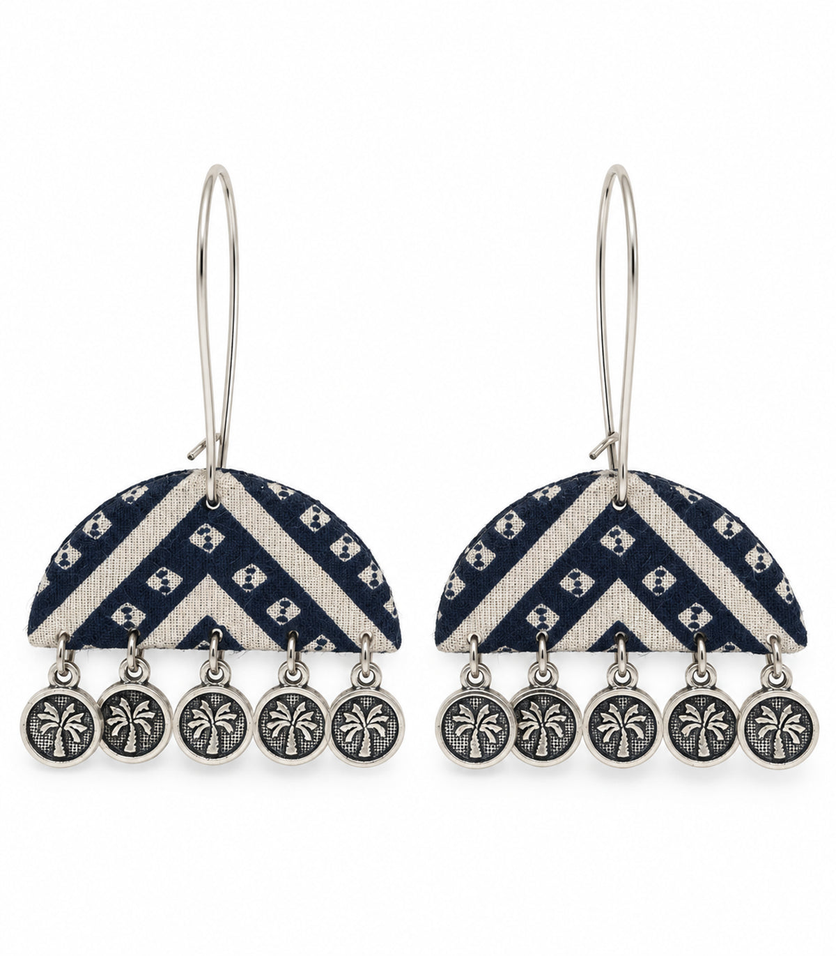 Pair of navy and ivory chevron flower coin earrings on white background