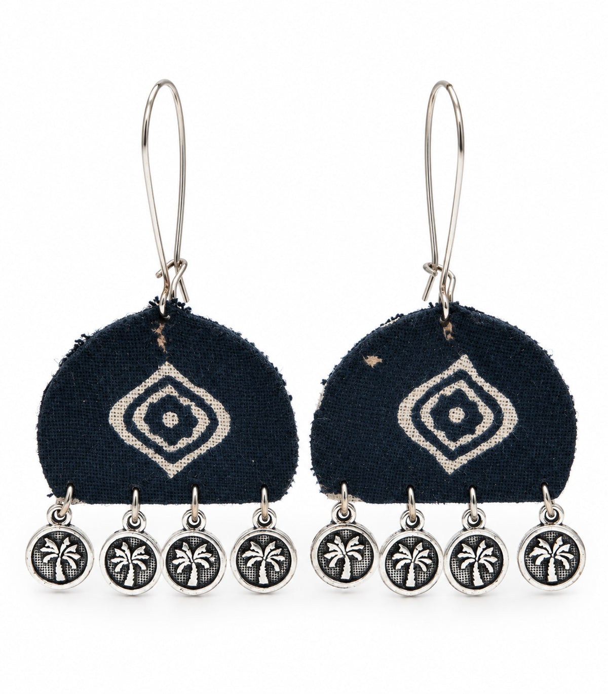Navy and ivory diamond motif coin earrings — white background view
