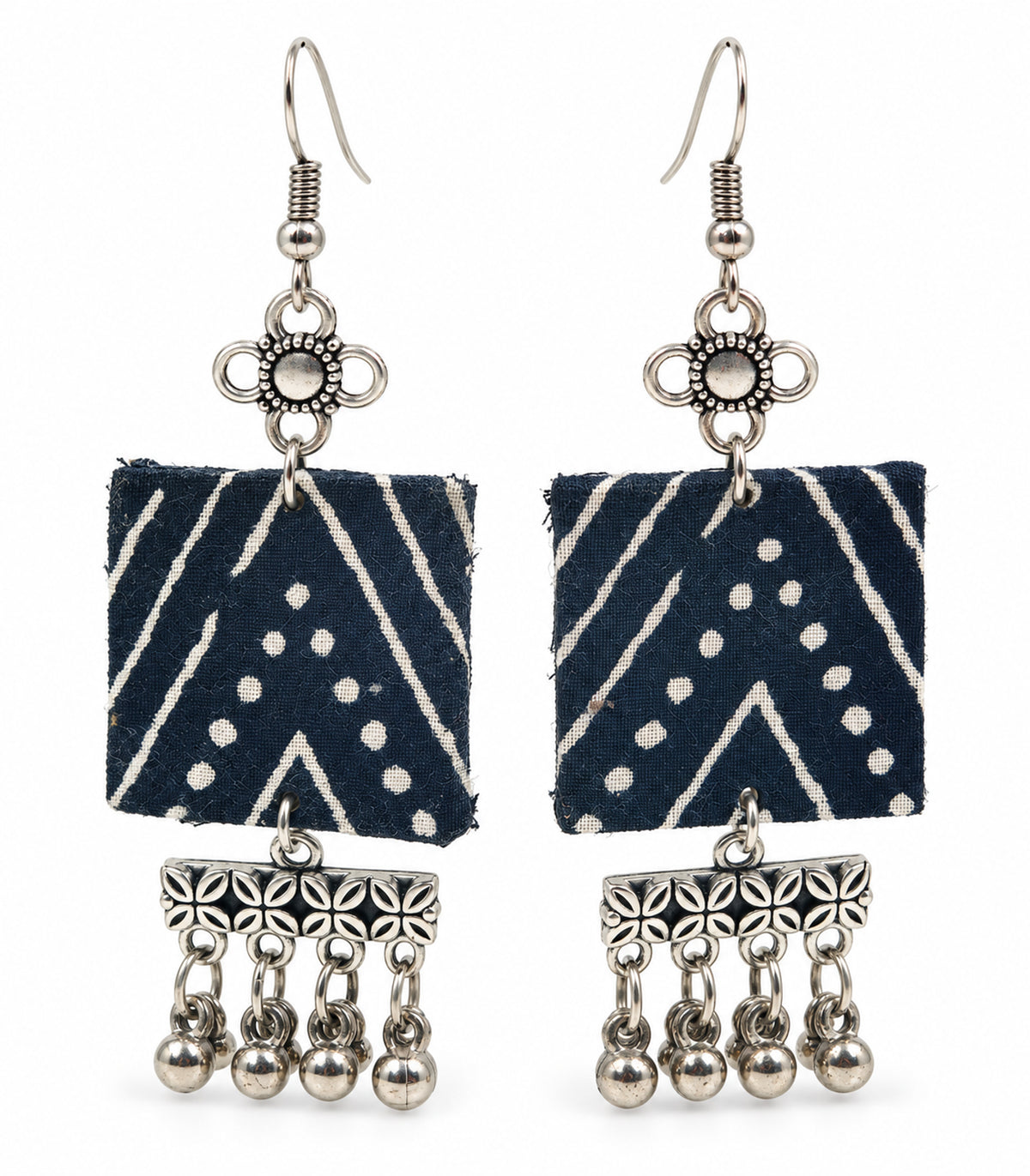 Navy and ivory square floral fringe fabric earrings — white background view