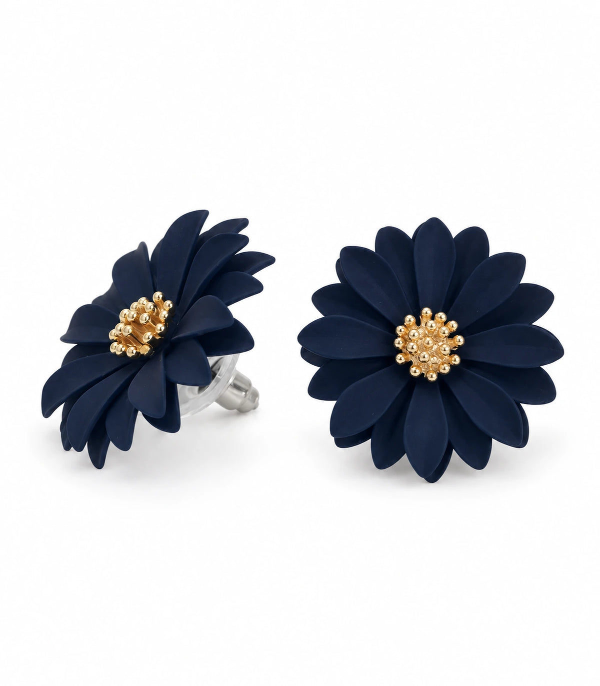 JIMIKI Navy layered starburst daisy stud earrings, matching pair on white background #color_navy