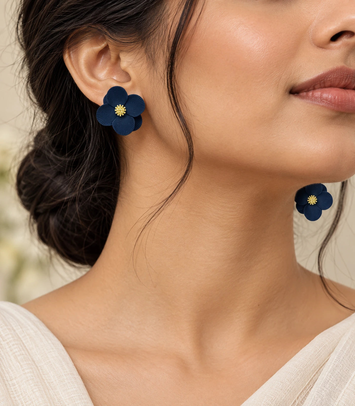 JIMIKI Navy ribbed flower stud earrings, styled worn editorial view #color_navy
