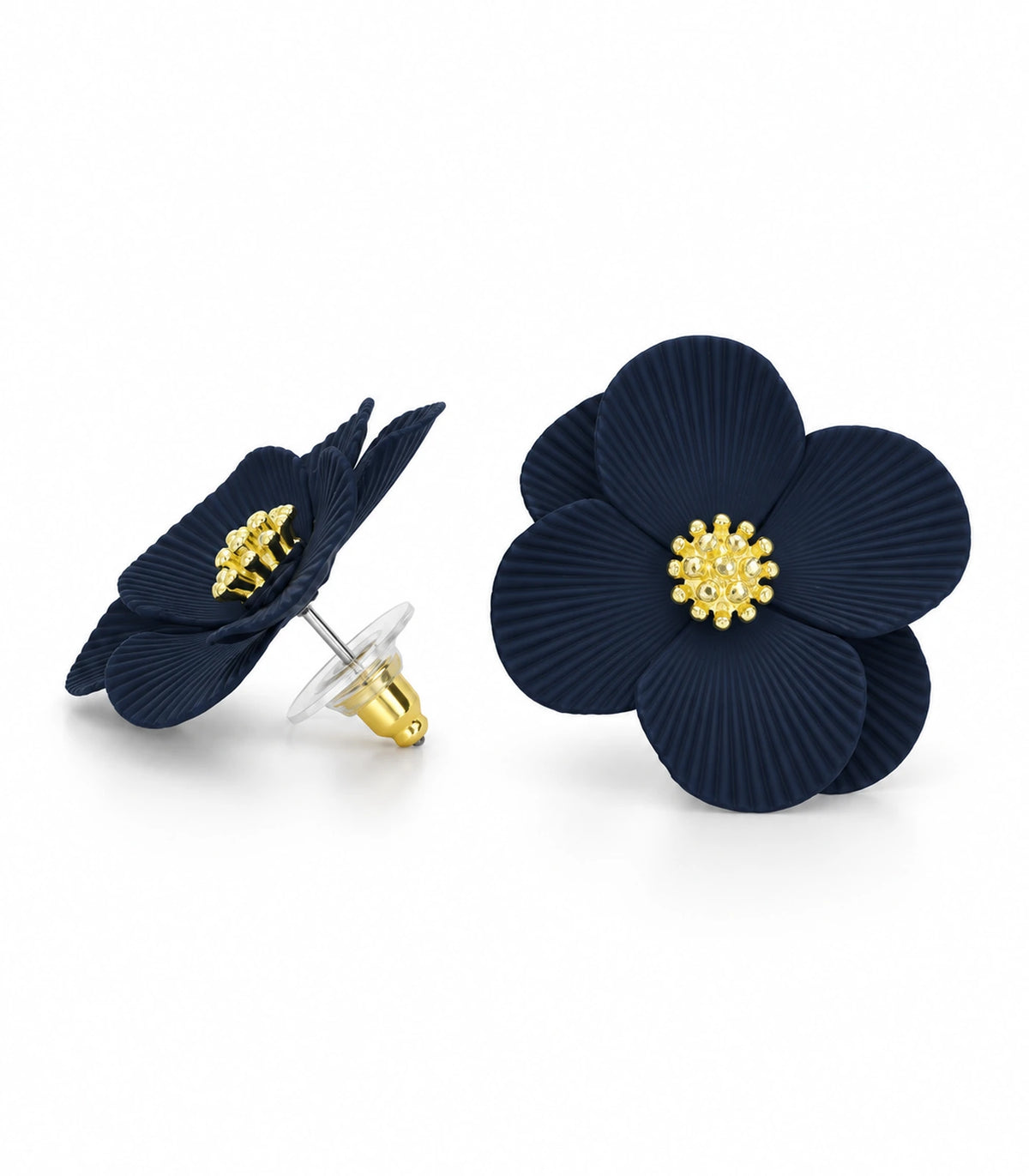 JIMIKI Navy ribbed flower stud earrings, pair on a white background #color_navy