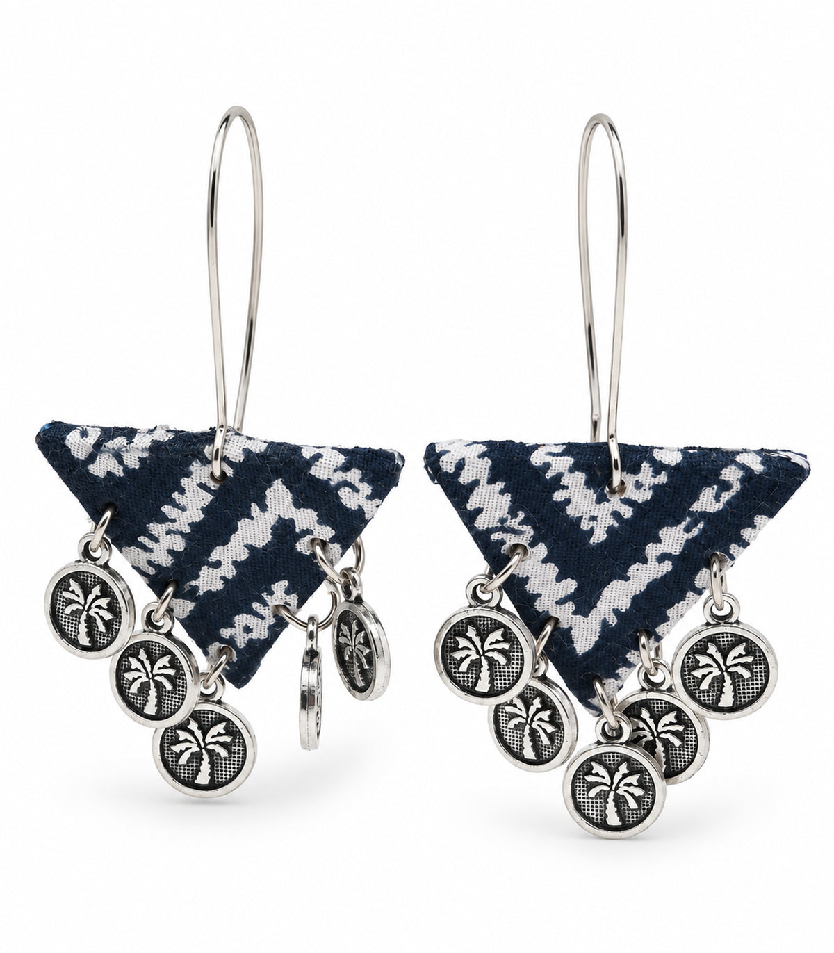 Navy and white triangle fabric coin earrings, complete pair on white