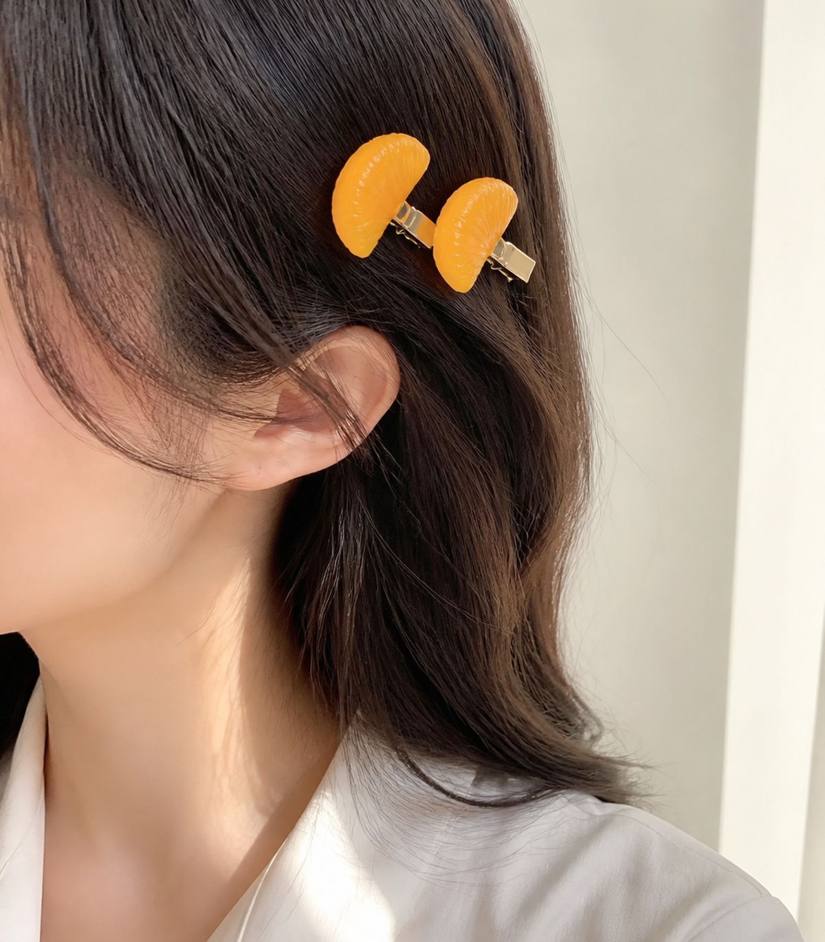 Orange Segment Barrette Pair worn in hair