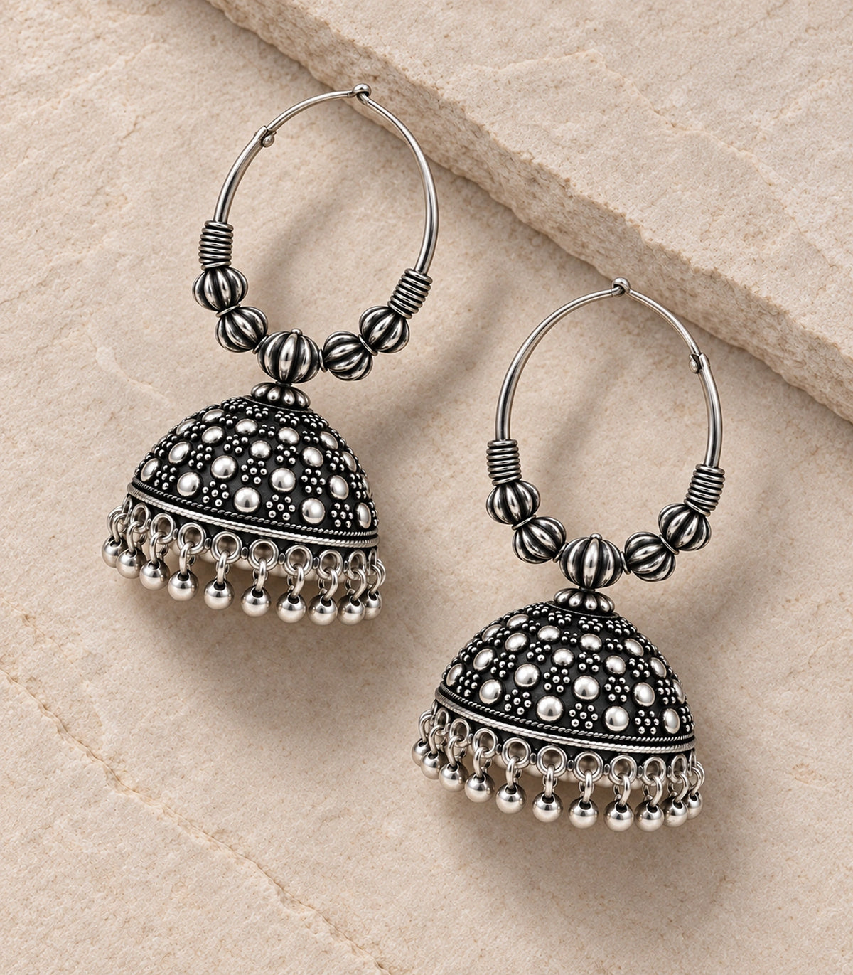 JIMIKI Oxidized Silver Five Bead Hoop Dotted Jhumka Earrings in Oxidized Silver - editorial flatlay #color_oxidized-silver