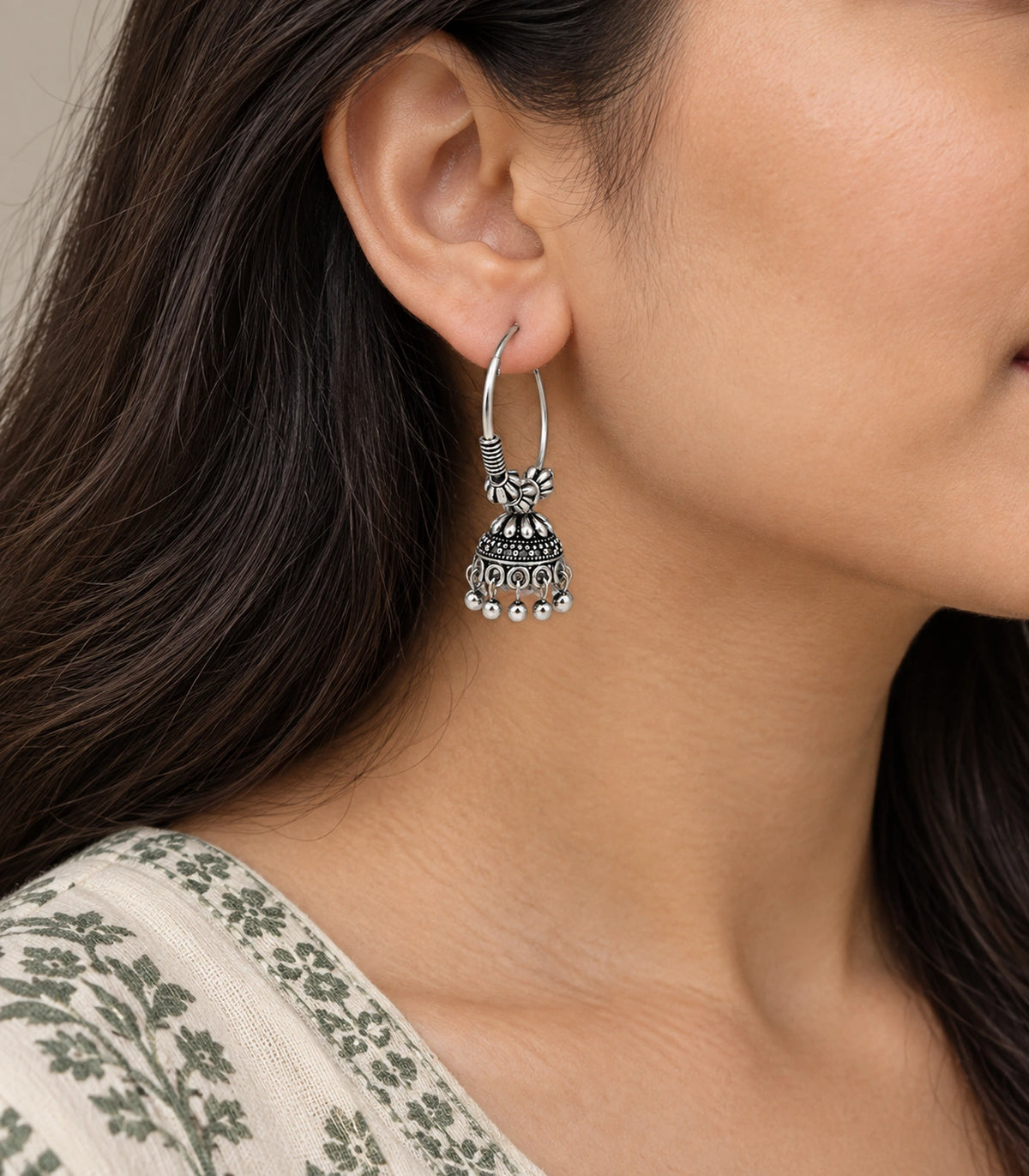 JIMIKI Oxidized Silver Floral Hoop Jhumka Earrings - earrings worn to show hoop and drop #color_oxidized-silver