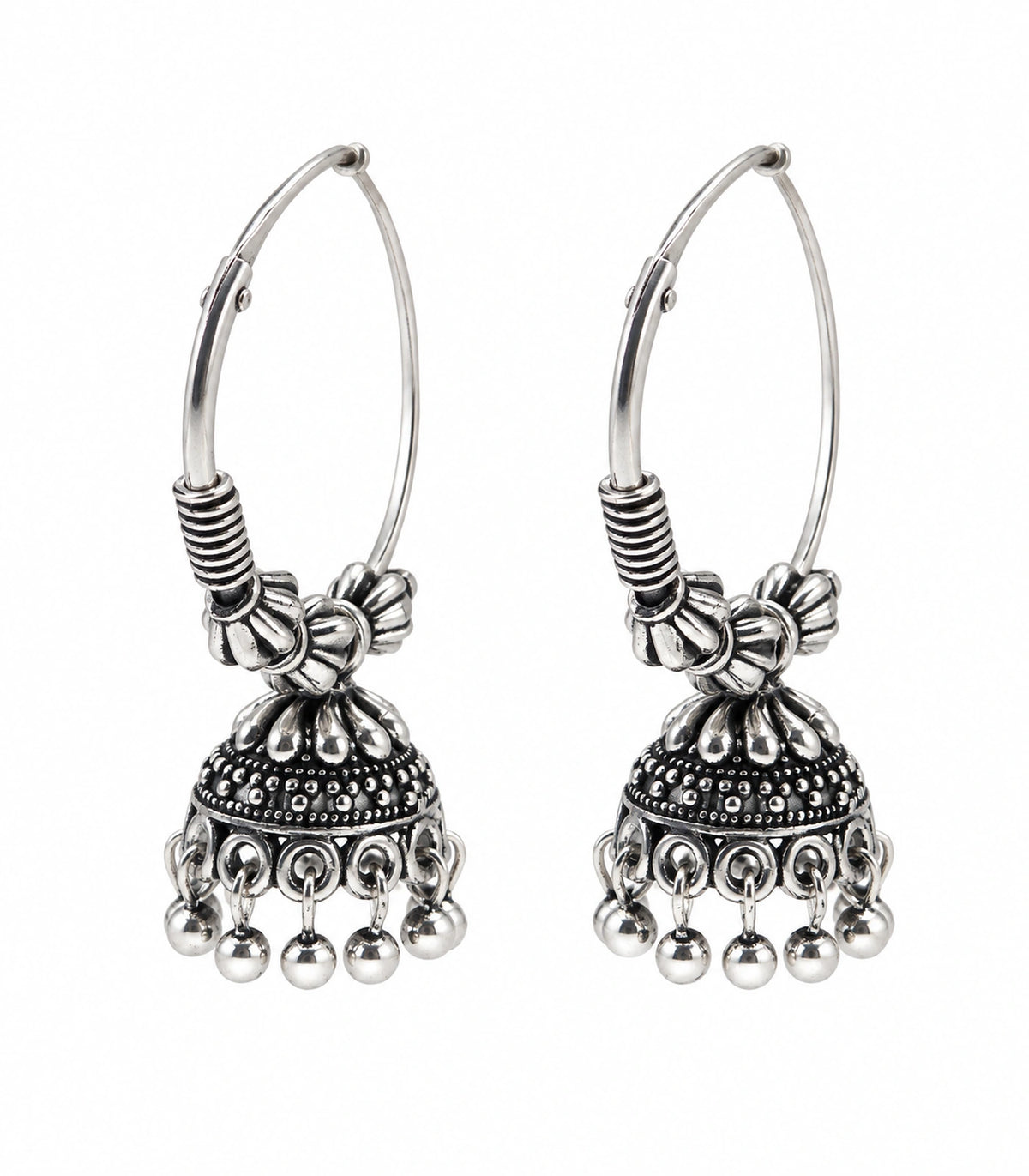 JIMIKI Oxidized Silver Floral Hoop Jhumka Earrings - matching pair on white #color_oxidized-silver