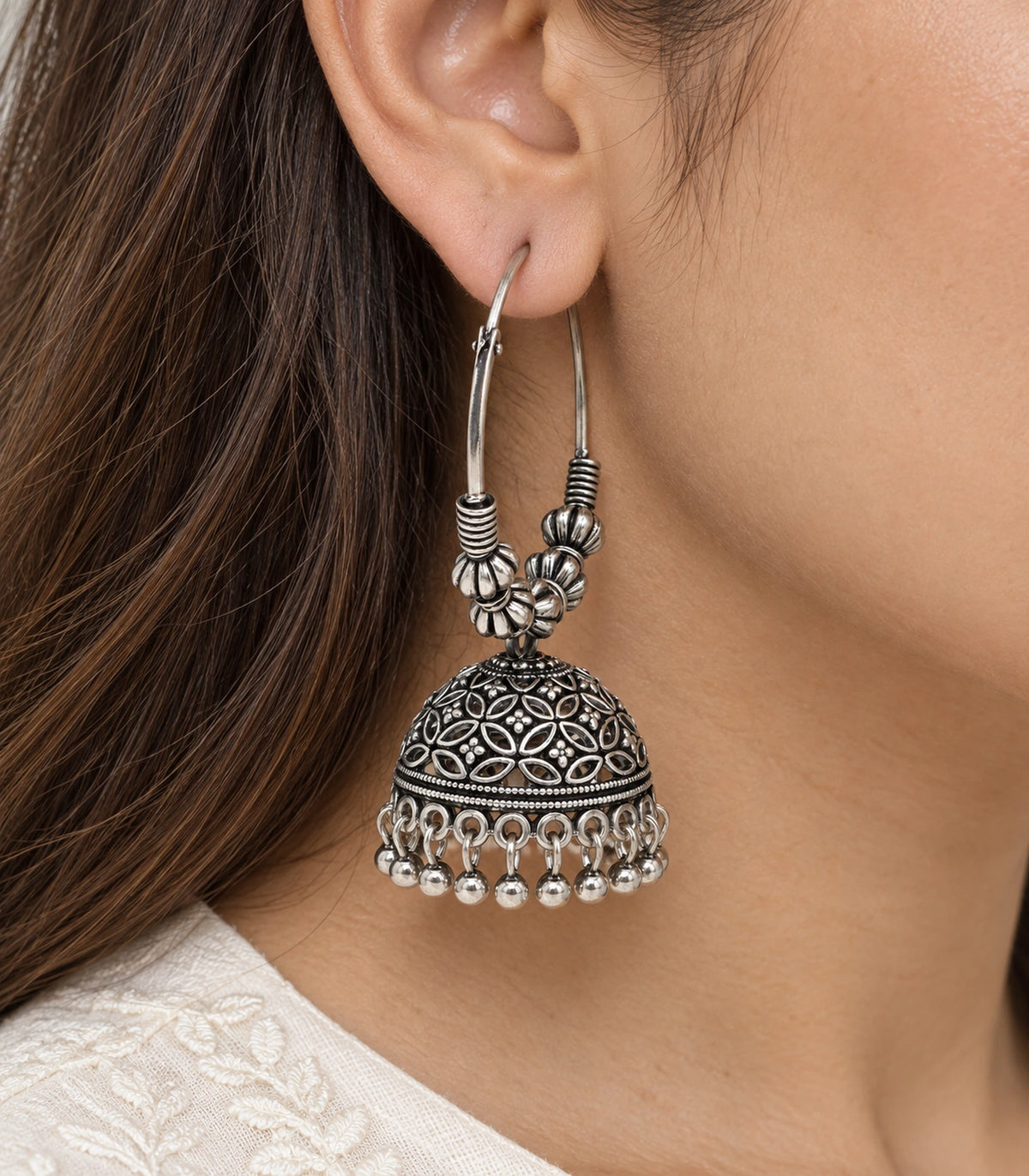 JIMIKI Oxidized Silver Floral Lattice Beaded Hoop Jhumka Earrings - Close-up of the earring details #color_oxidized-silver