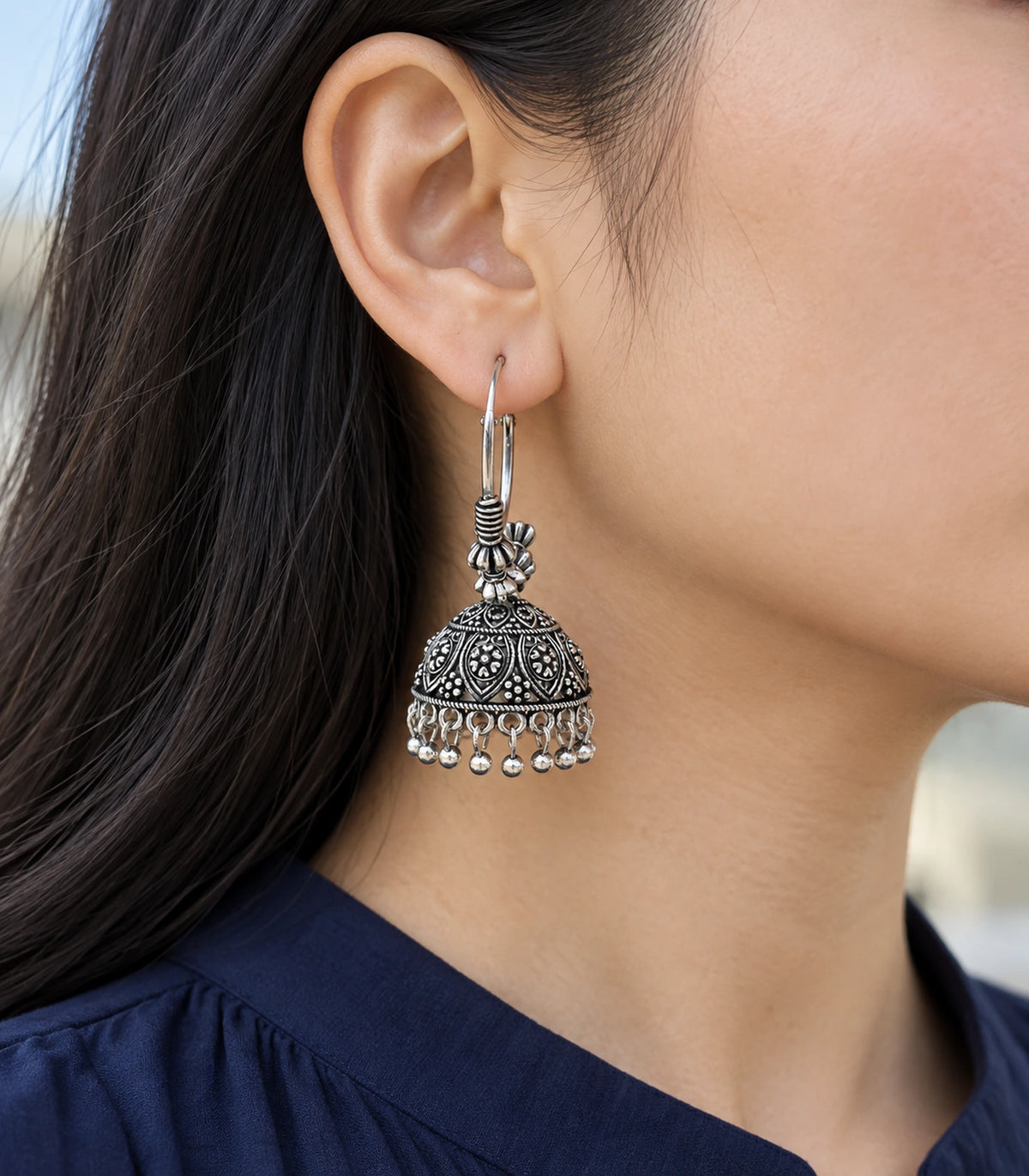 JIMIKI Oxidized Silver Floral Paisley Hoop Jhumka Earrings - earrings worn to show hoop and drop #color_oxidized-silver