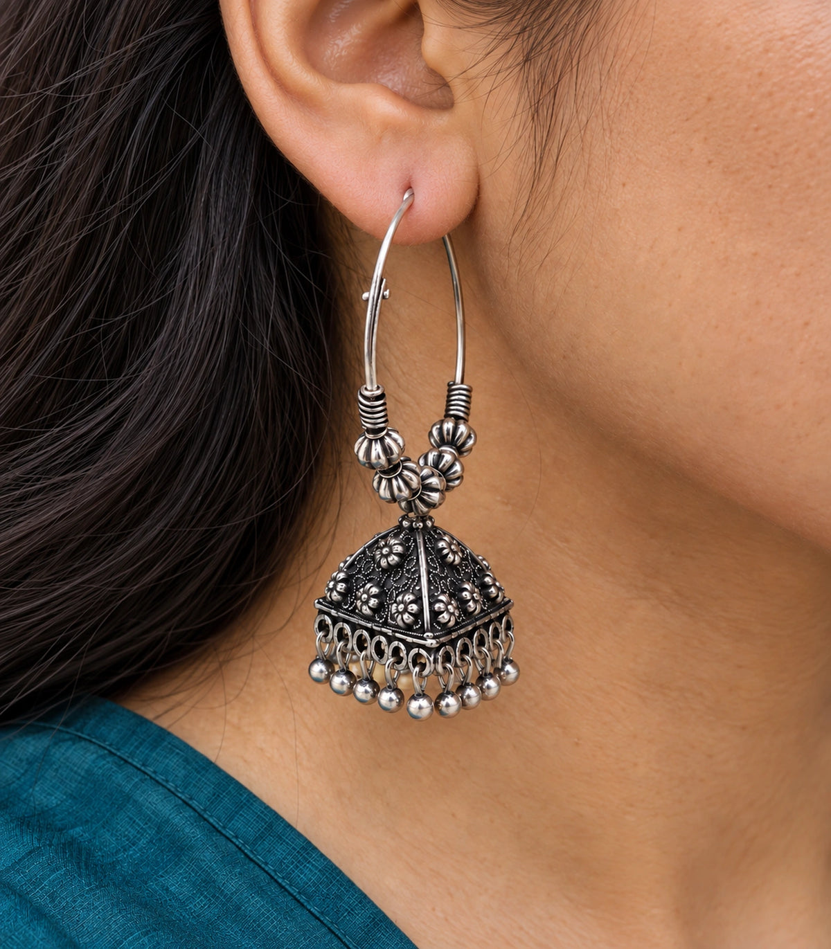 JIMIKI Oxidized Silver Floral Pyramid Beaded Hoop Jhumka Earrings - Close-up of the earring details #color_oxidized-silver
