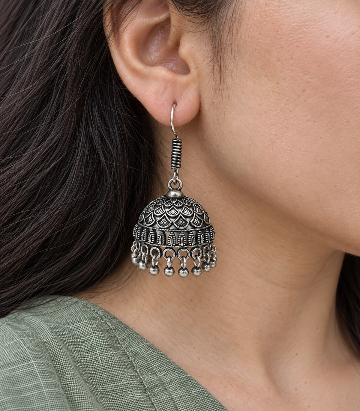 JIMIKI Oxidized Silver Layered Leaf Scale Hook Jhumka Earrings in Oxidized Silver - close-up details #color_oxidized-silver