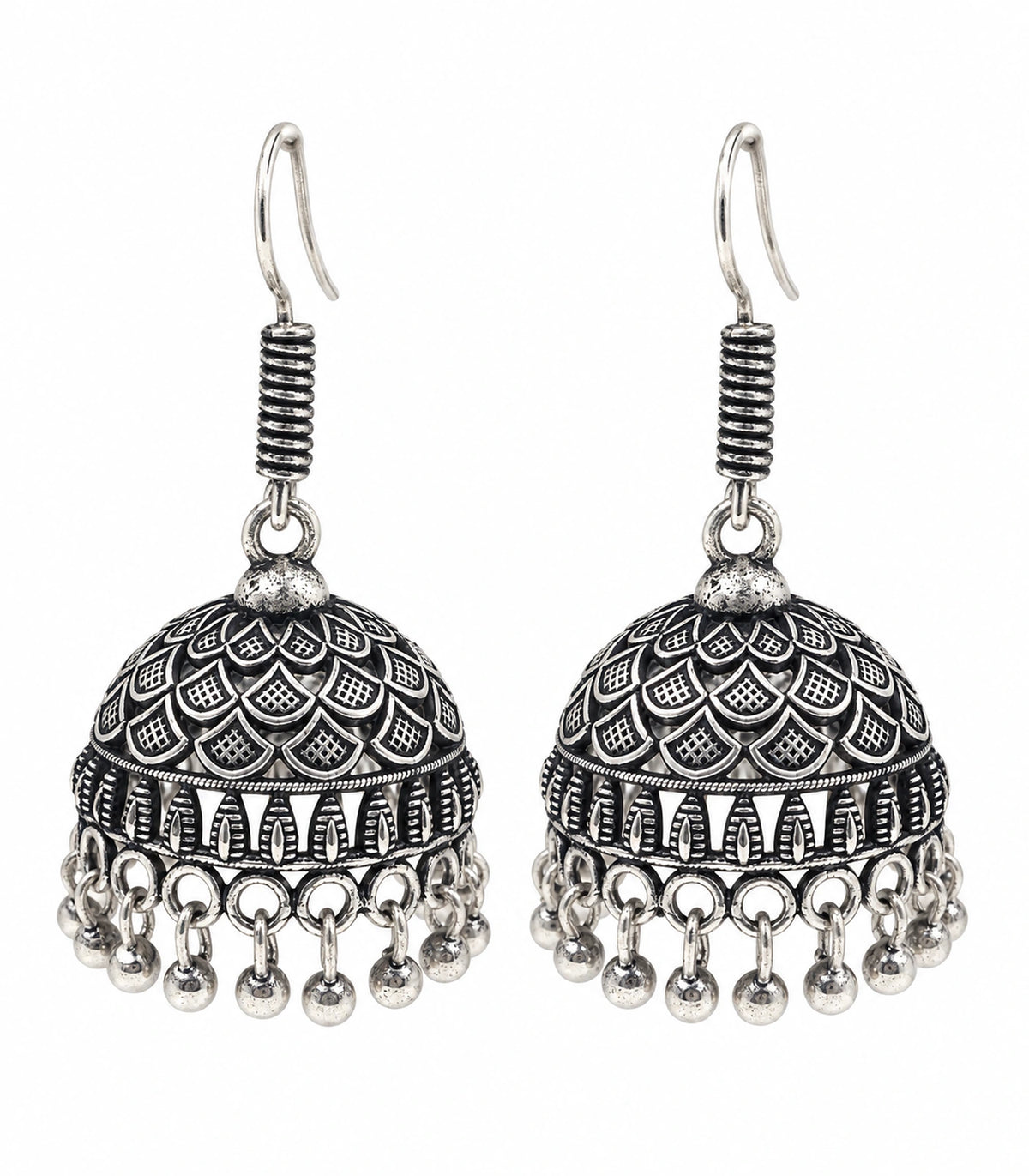 JIMIKI Oxidized Silver Layered Leaf Scale Hook Jhumka Earrings in Oxidized Silver - pair on white #color_oxidized-silver