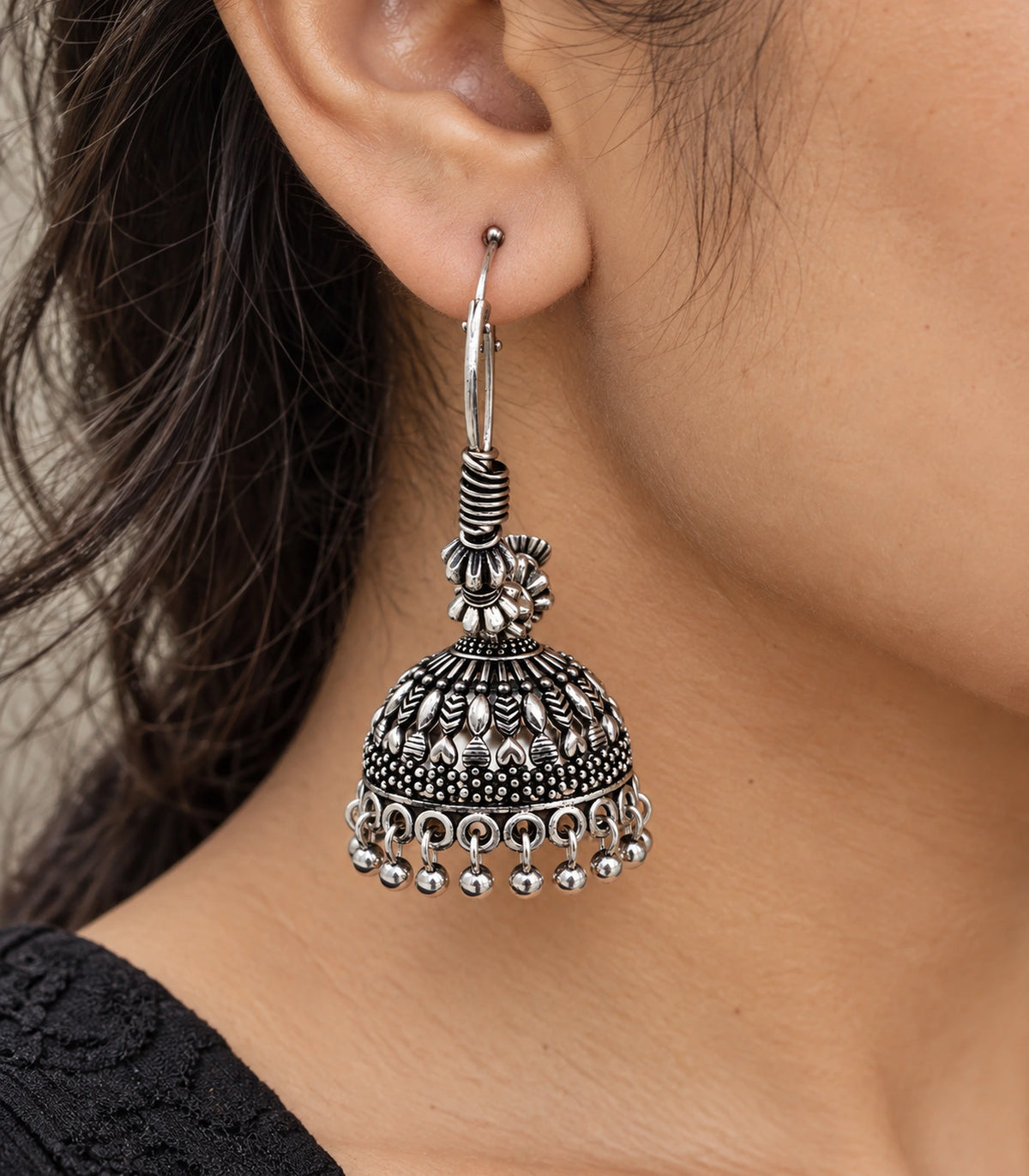 JIMIKI Oxidized Silver Leaf Chevron Hoop Jhumka Earrings - close-up of the earring worn #color_oxidized-silver