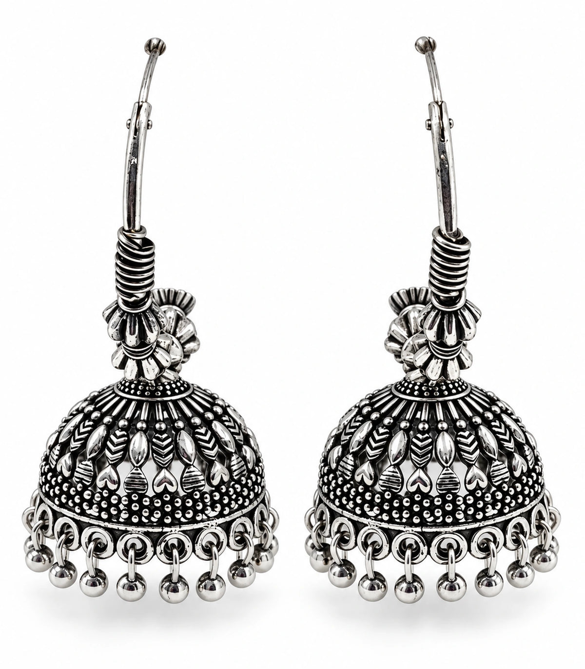 JIMIKI Oxidized Silver Leaf Chevron Hoop Jhumka Earrings - matching pair on a white background #color_oxidized-silver