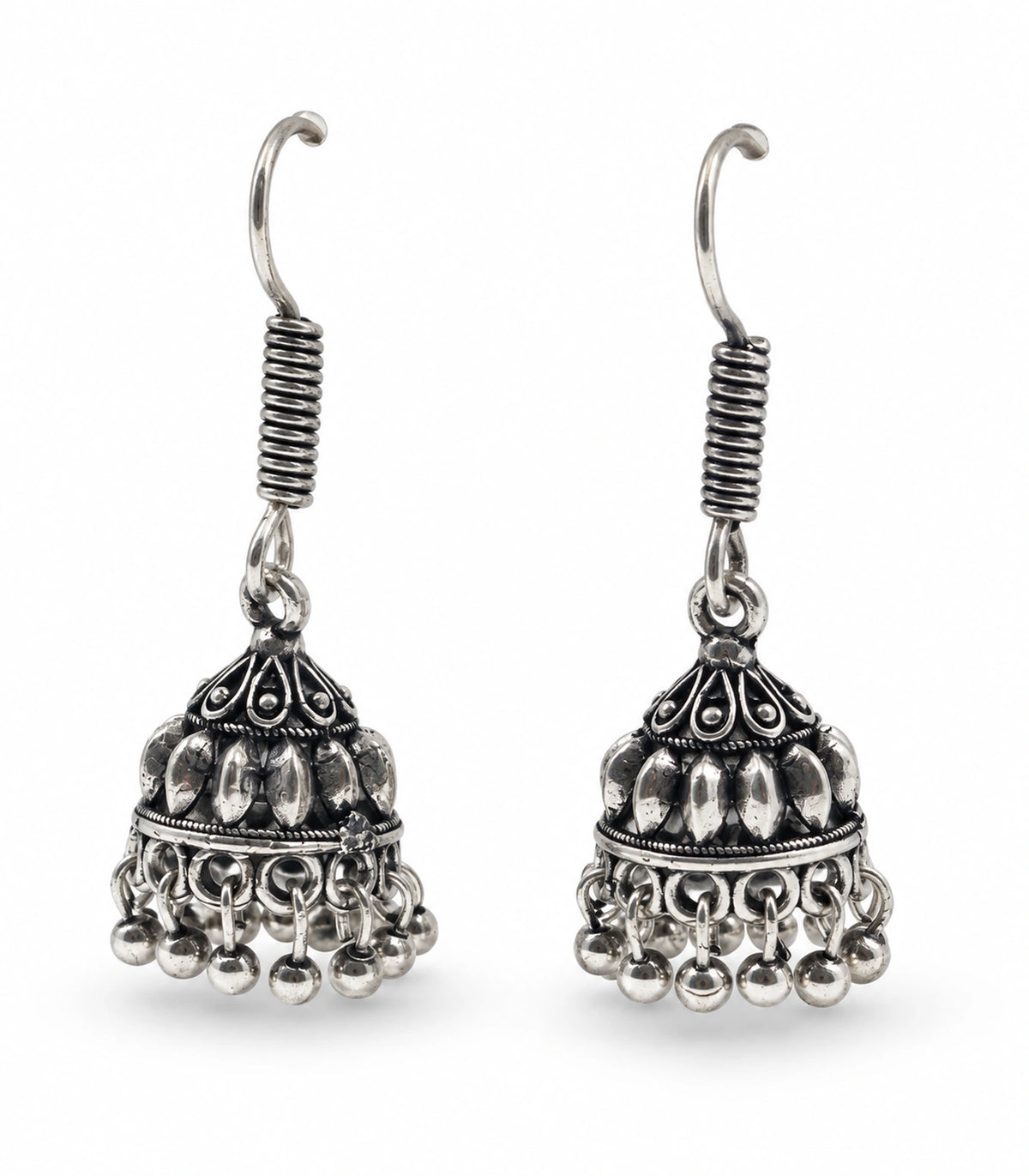 JIMIKI Leaf Dome Hook Jhumka Earrings in Oxidized Silver - pair on white #color_oxidized-silver