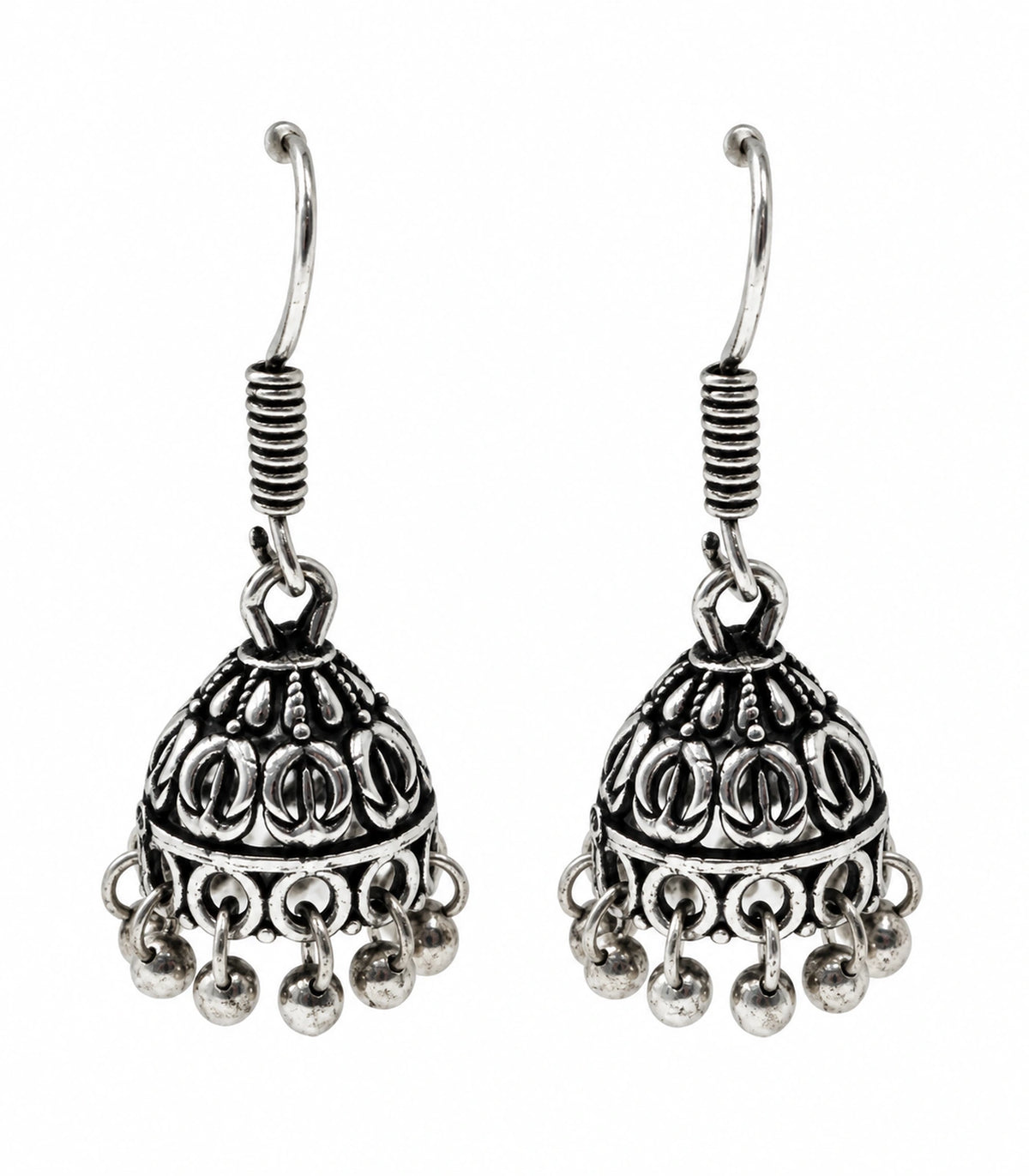 JIMIKI Oxidized Silver Leaf Motif Mini Jhumka Earrings - matching pair on a white background #color_oxidized-silver
